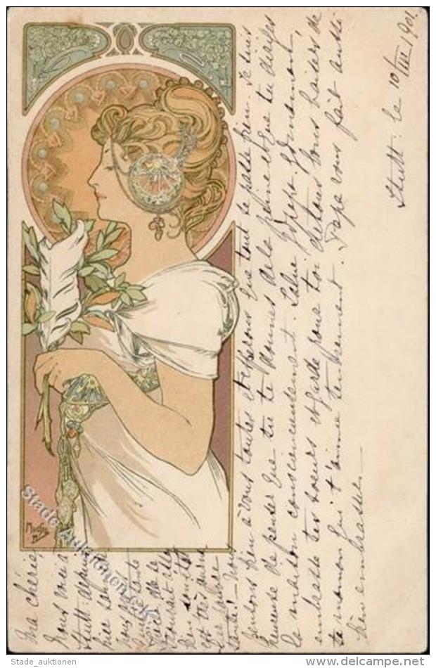 Mucha, Alfons Frau Jugendstil K&uuml;nstler-Karte I-II (Eckbug) Art Nouveau - Other & Unclassified