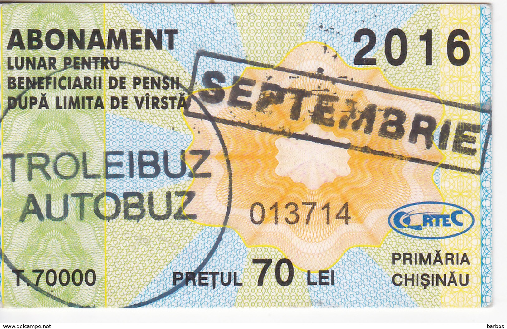 Moldova , Moldavie , Chisinau ,  Trolley  Bus  Ticket ,  Monthly Pass , Septembrie,  2016 , Used - Other & Unclassified