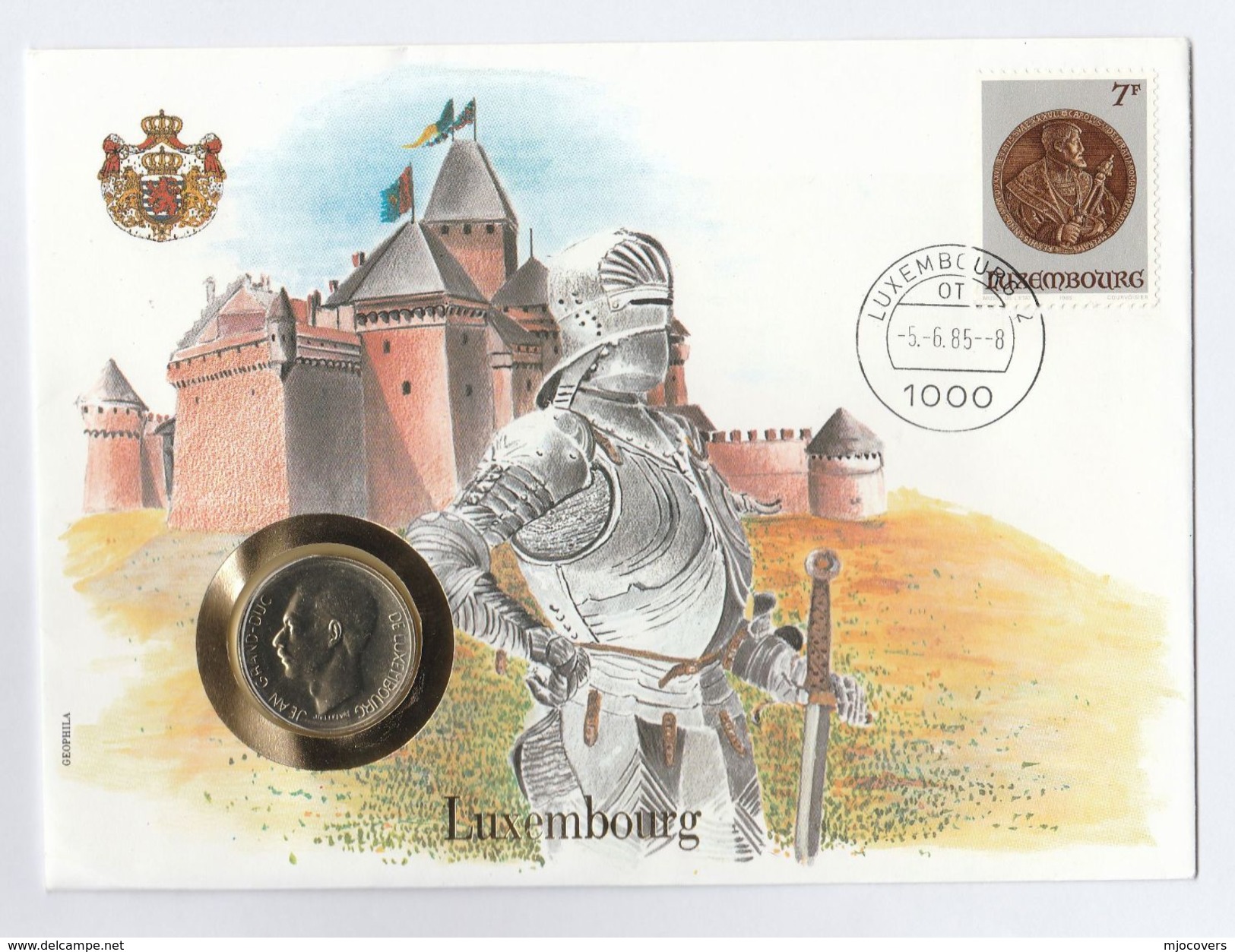 1985 LUXEMBOURG EVENT COVER - REAL COIN 10f  - COVER Illus ARMOUR , CASTLE - Covers & Documents