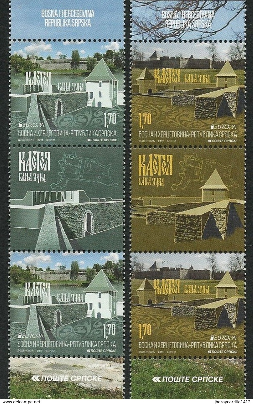 BOSNIA HERZEGOVINA SERBIA/ SRPSKA REP.-EUROPA 2017-"CASTILLOS - CASTLES - SCHLÖSSER"- 2 SERIES En VERTICAL GUTTER PAIR - 2017