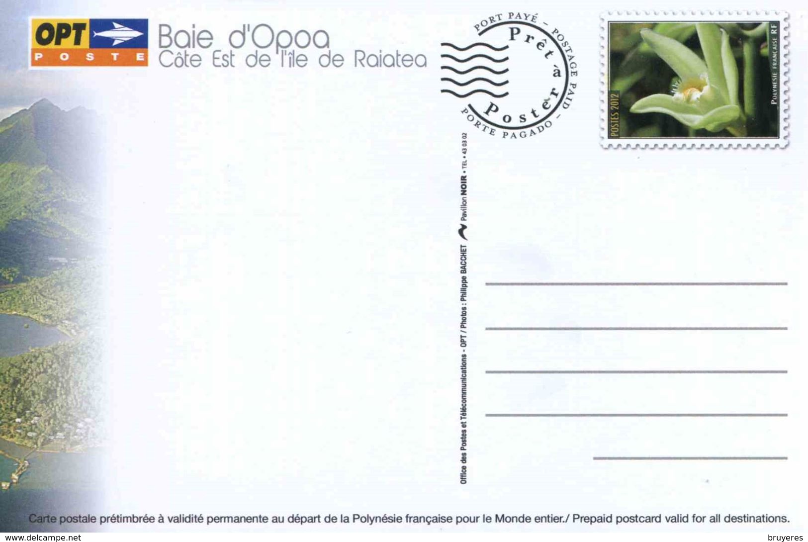 Entier Postal De 2012 Sur CP Avec Timbre "Fleur" Et Illust. "Raiatea - Baie D'Opoa Côte Est De L'île De Raiatea" - Enteros Postales