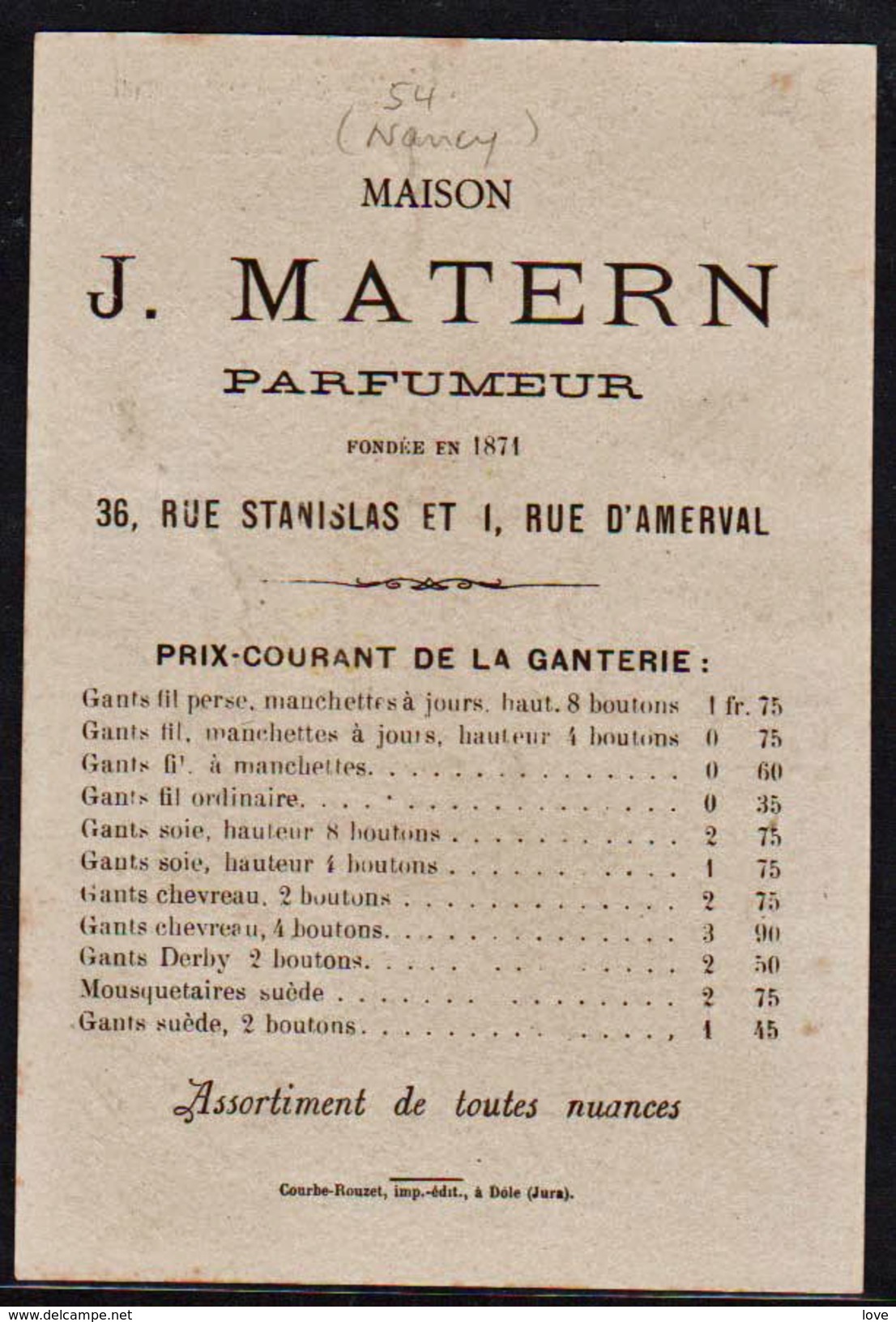 NANCY:RARE Carte PUB (fin XIX ème Siècle) De La Maison J. Matern, Parfumeur, Fondée En 1871 - Nancy