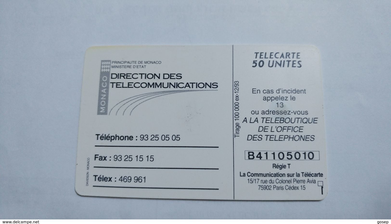 Monaco-direction Des Telecommunications-(50units)-12/1993-usedcard+1card Prepiad Free - Monace