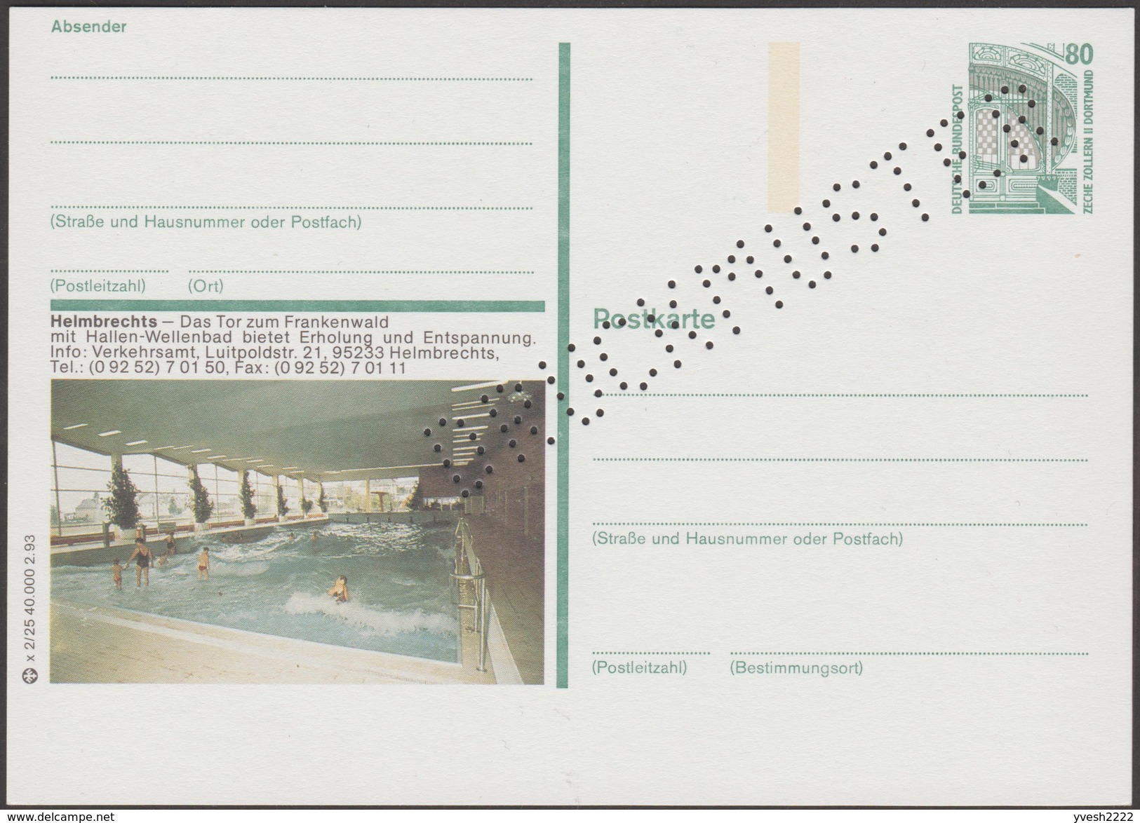 Allemagne 1993. Entier Postal Spécimen. Helmbrechts, Bavière, Convalescence Par Thermalisme. Piscine - Hydrotherapy