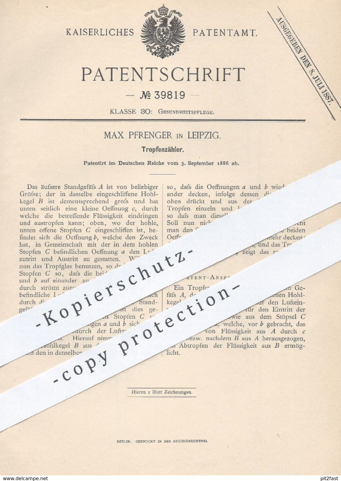 Original Patent - Max Pfrenger , Leipzig , 1886 , Tropfenzähler | Tropf | Medizin , Arzt , Krankenhaus , Medikamente !! - Historische Dokumente