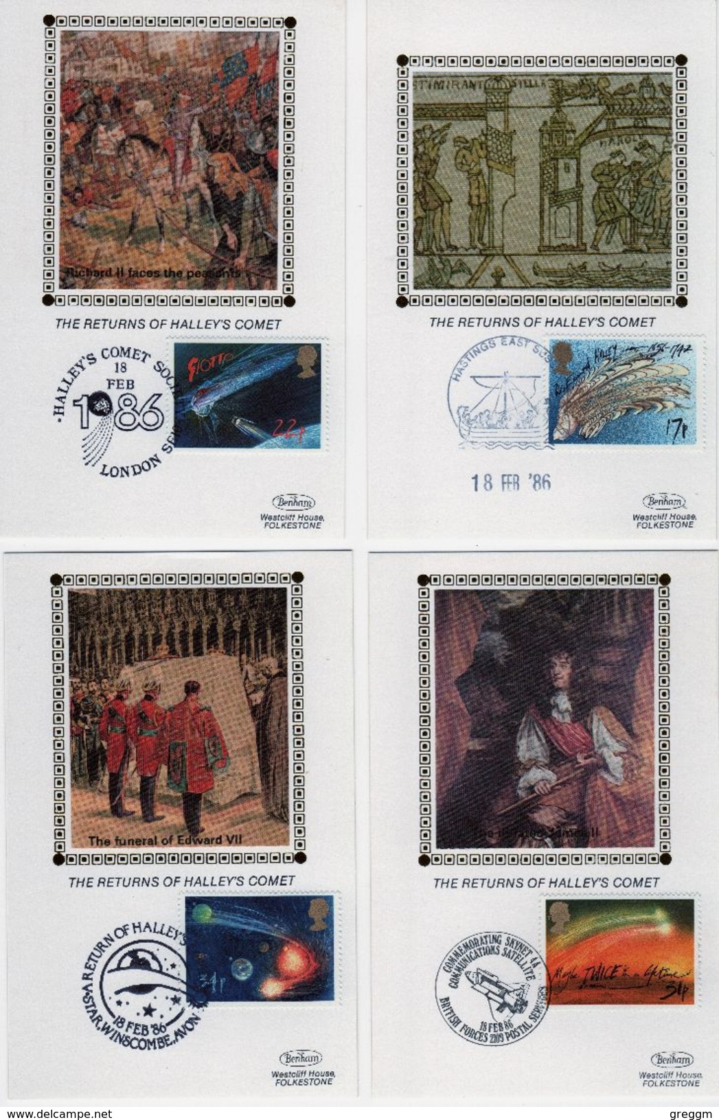 Great Britain First Day Benham Silk Postcards To Celebrate The Return Of Halleys Comet 1986. - 1981-1990 Decimal Issues