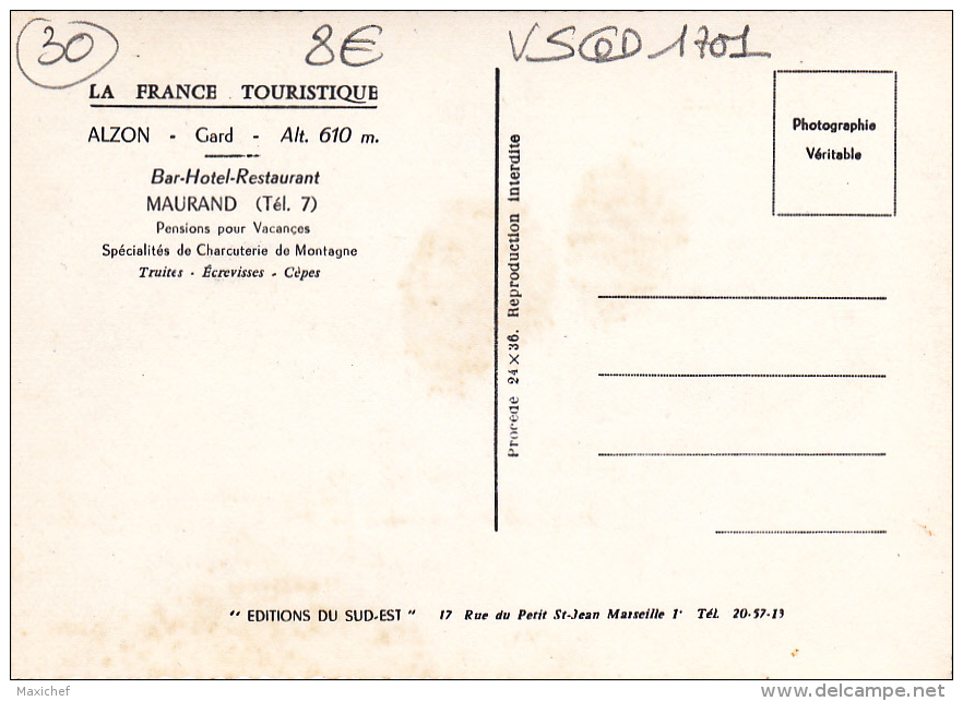 Alzon - Altitude 610 M - Bar - Hotel - Restaurant "Maurand" &amp; Sa Terrasse, Pub Bière "Fritz Lauer" - Pas Circulé - Autres & Non Classés