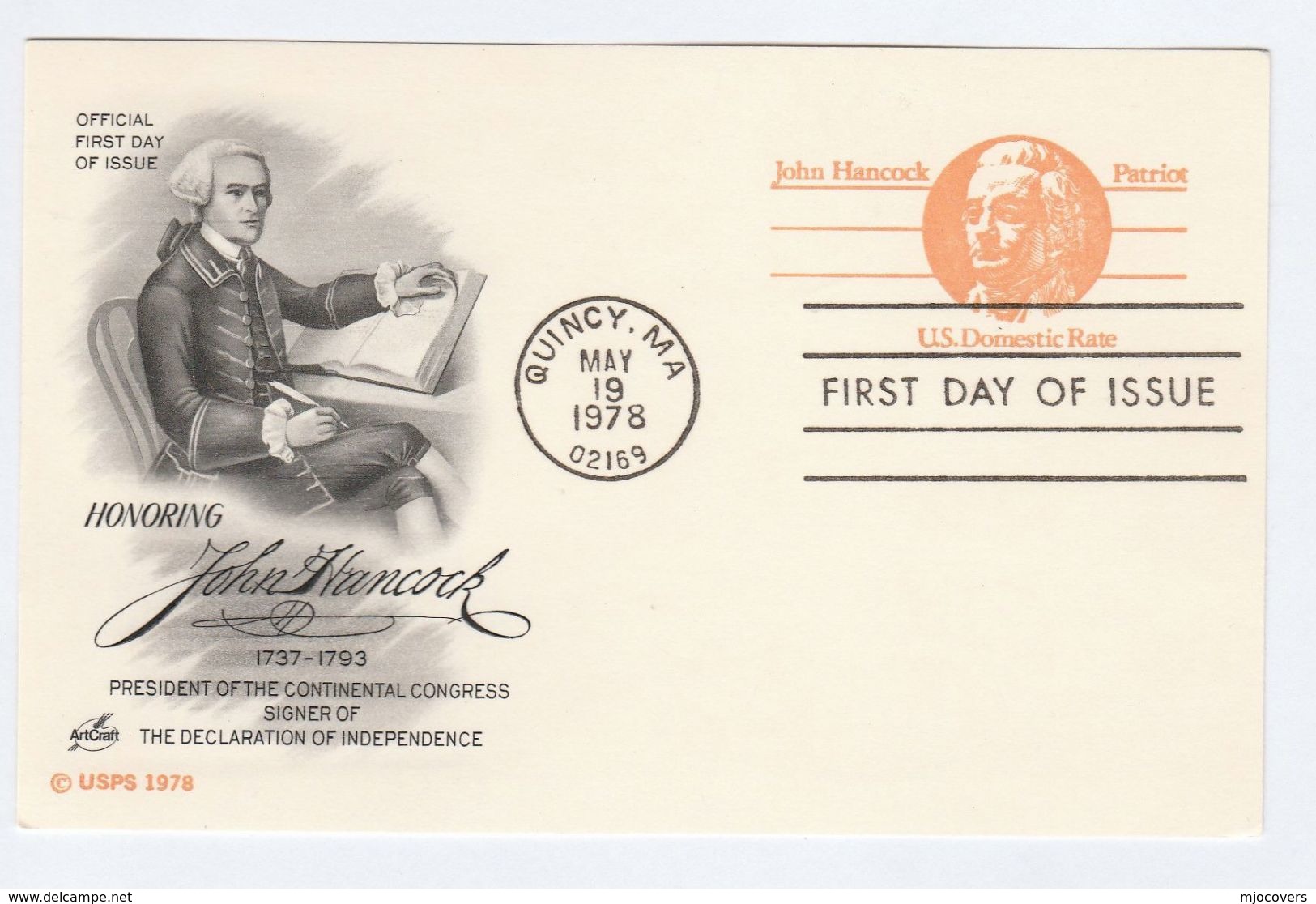 1978 Quincy USA Postal STATIONERY CARD (black)  FDC Illus JOHN HANCOCK  CONTINENTAL CONGRESS Stamps Cover Quill Pen - 1961-80