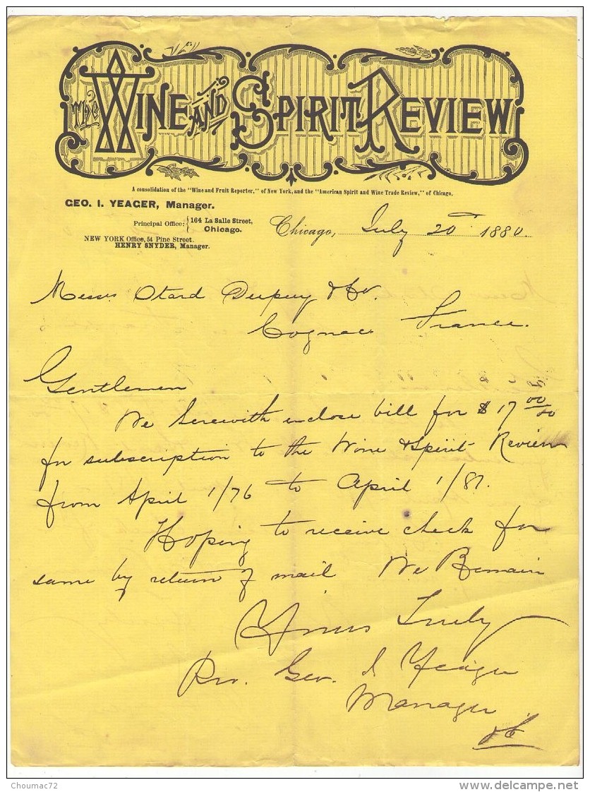 003, Etats-Unis, Lettre Avec Entête Chicago, Wine And Spirit Rewiew, Alcool, 1880 - Verenigde Staten