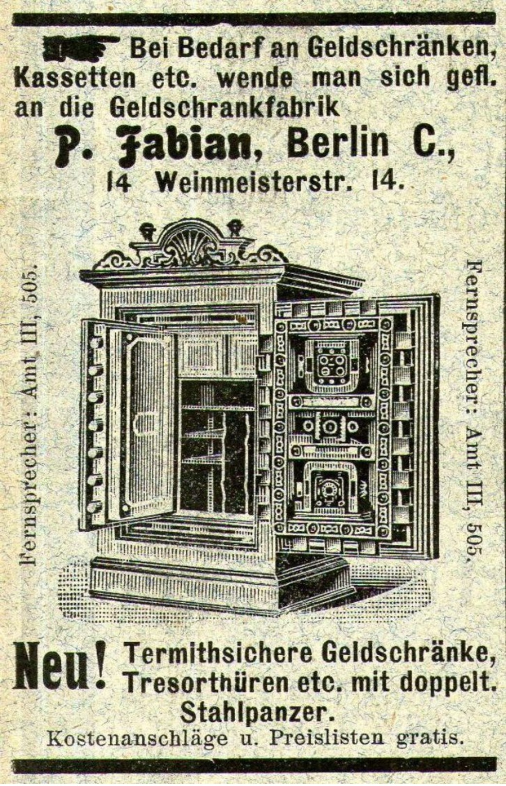 Original-Werbung/ Anzeige 1903 - GELDSCHRÄNKE / FABIAN - WEINMEISTERSTRASSE - BERLIN - Ca. 45 X 75 Mm - Werbung