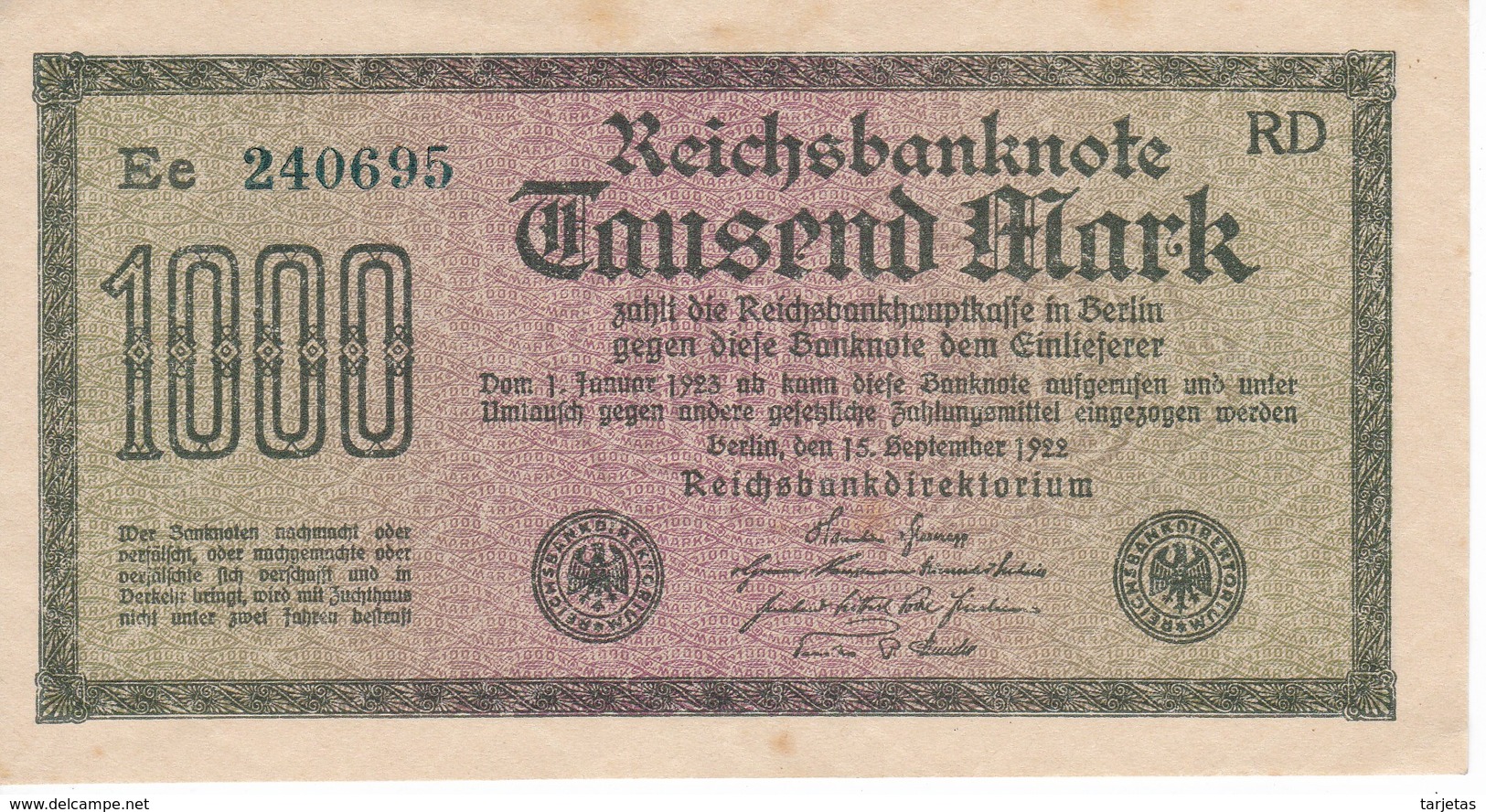 BILLETE DE ALEMANIA DE 1000 MARK DEL AÑO 1922 SERIE Ee (BANKNOTE) SIN CIRCULAR-UNCIRCULATED - 10 Mio. Mark