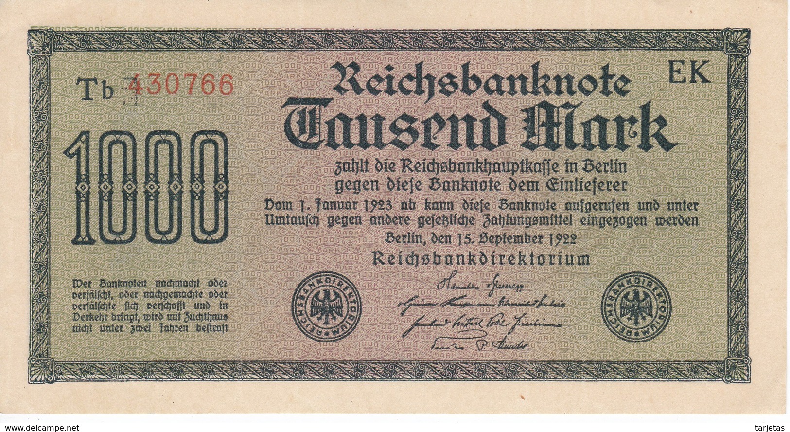 BILLETE DE ALEMANIA DE 1000 MARK DEL AÑO 1922 SERIE Tb NUMEROS ROJOS  (BANKNOTE) SIN CIRCULAR-UNCIRCULATED - 10 Millionen Mark