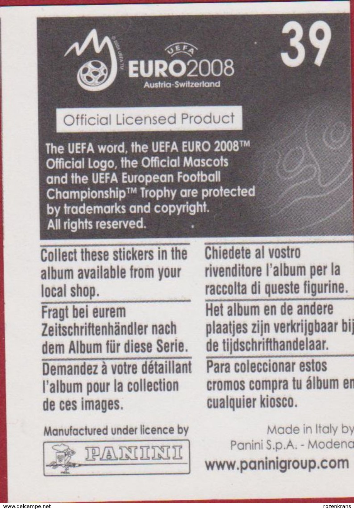 Panini Football Euro 2008 Uefa Sticker European Championship Nr 39 Stadium Stade De Suisse Wankdorf Bern - Sports