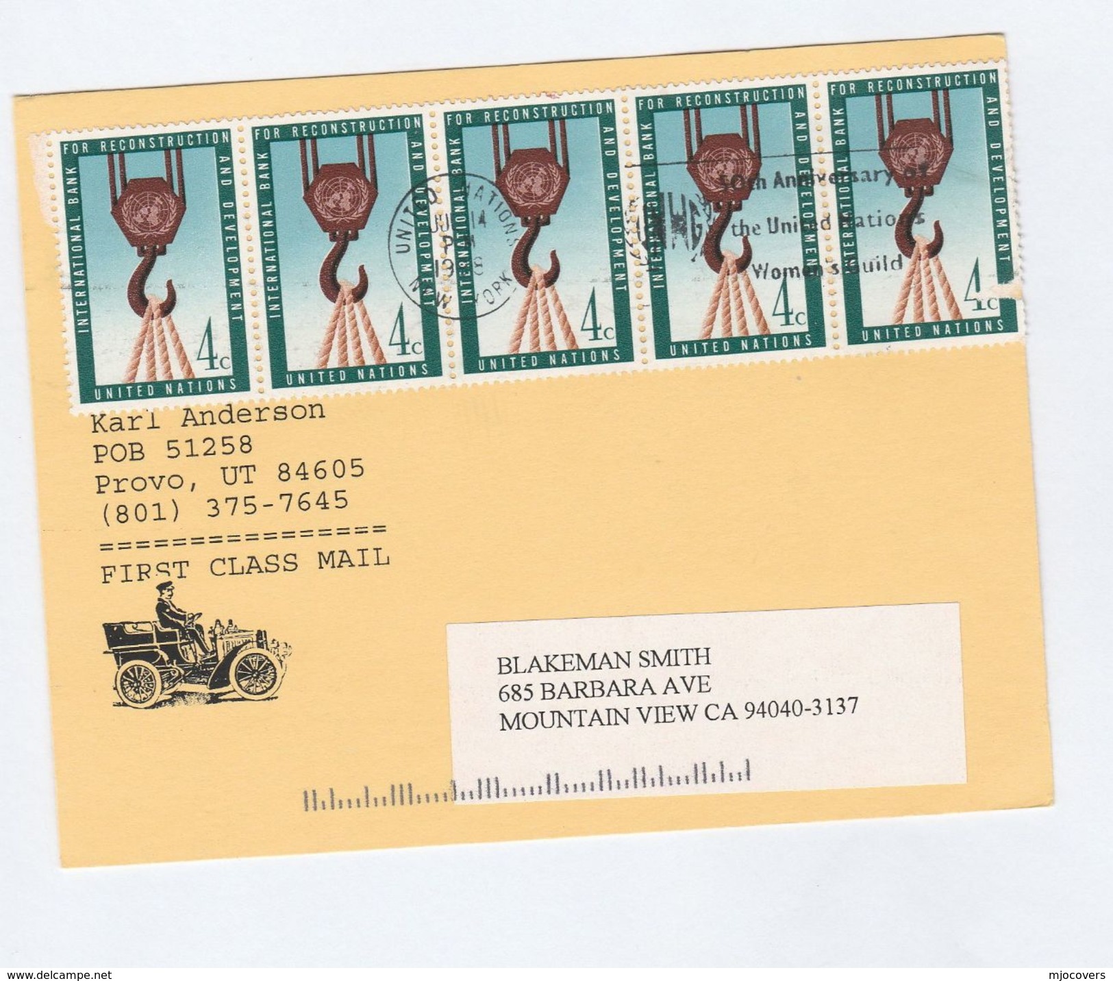 1998 UNITED NATIONS COVER (card) From Anderson STAMP DEALER With SLOGAN Pmk 50th Anniv UN WOMENS GUILD, - Covers & Documents