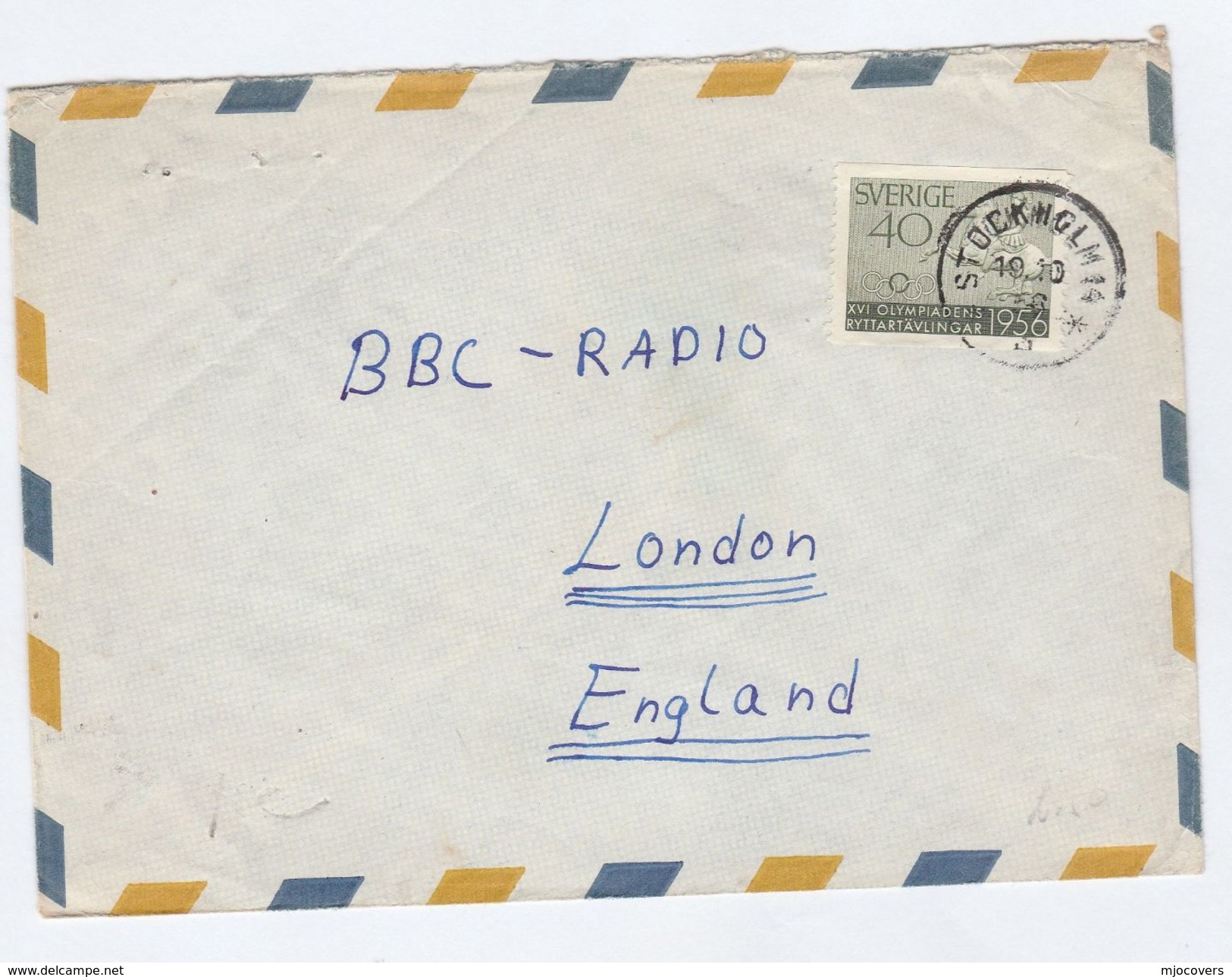 1956 SWEDEN COVER Stamps  OLYMPICS HORSE  To BBC RADIO London GB Olympic Games Sport Equestrian Broadcasting - Summer 1956: Melbourne