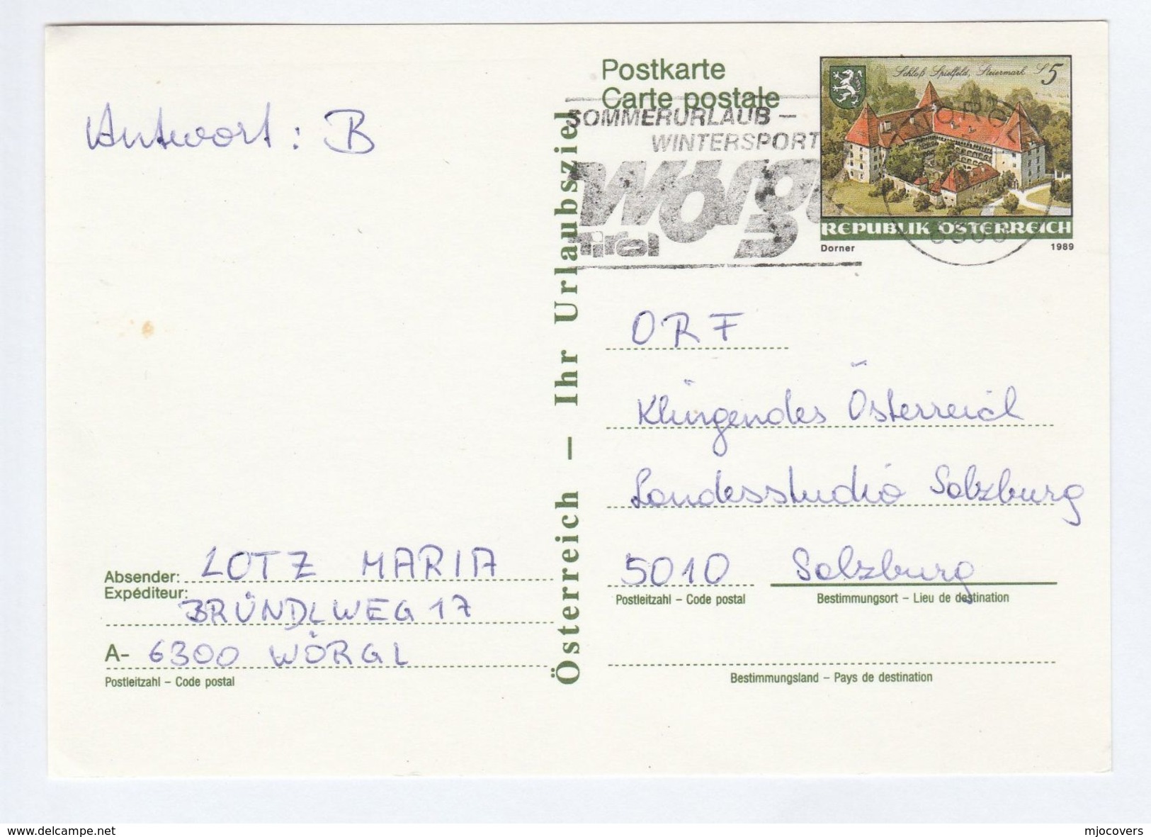 AUSTRIA Postal STATIONERY CARD SLOGAN Pmk WOROL WINTERSPORT  Stamps SPIELFELD  CASTLE  Cover Sport - Other & Unclassified