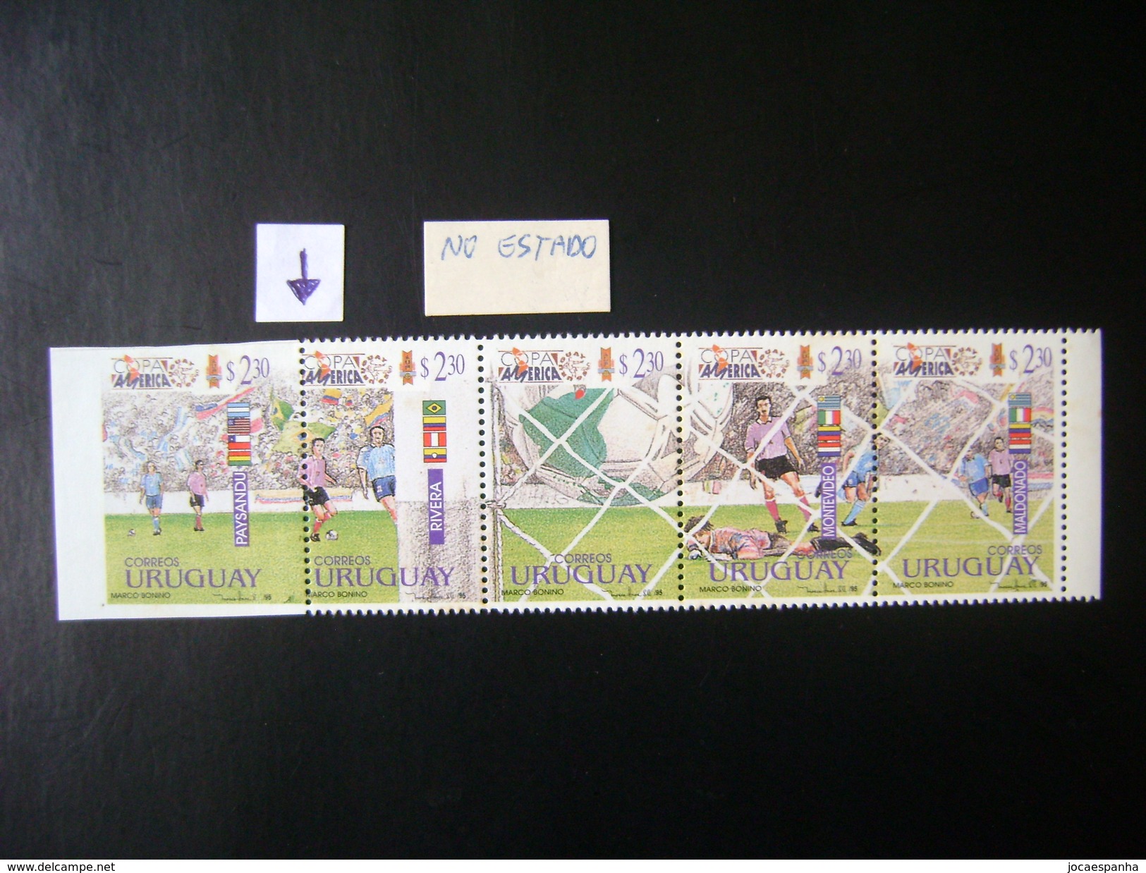 URUGUAY (COPA AMERICA 95) - COMPLETE STRIP WITH PICOTE DISPLACED IN 2 STAMPS - Fußball-Amerikameisterschaft