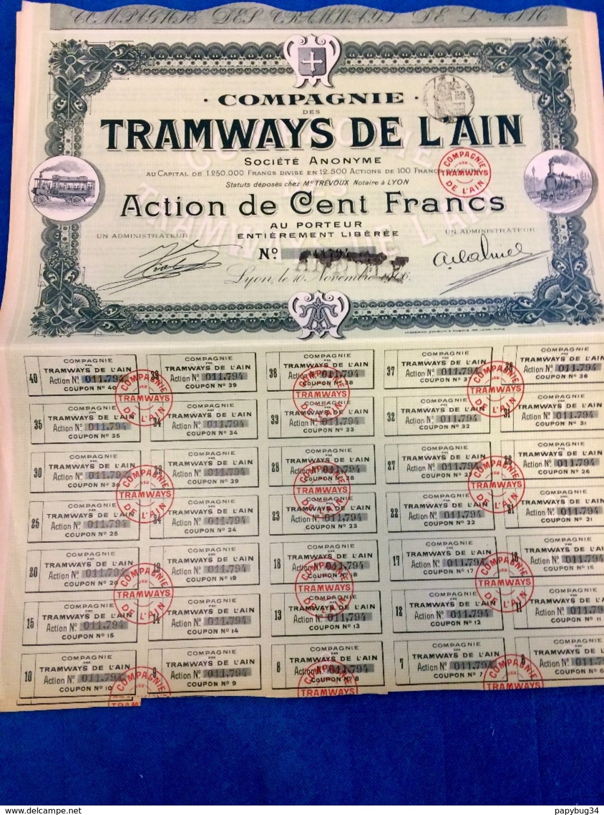 COMPAGNIE   Des  TRAMWAYS  De  L'AIN  --------Action  De  100 Frs - Chemin De Fer & Tramway