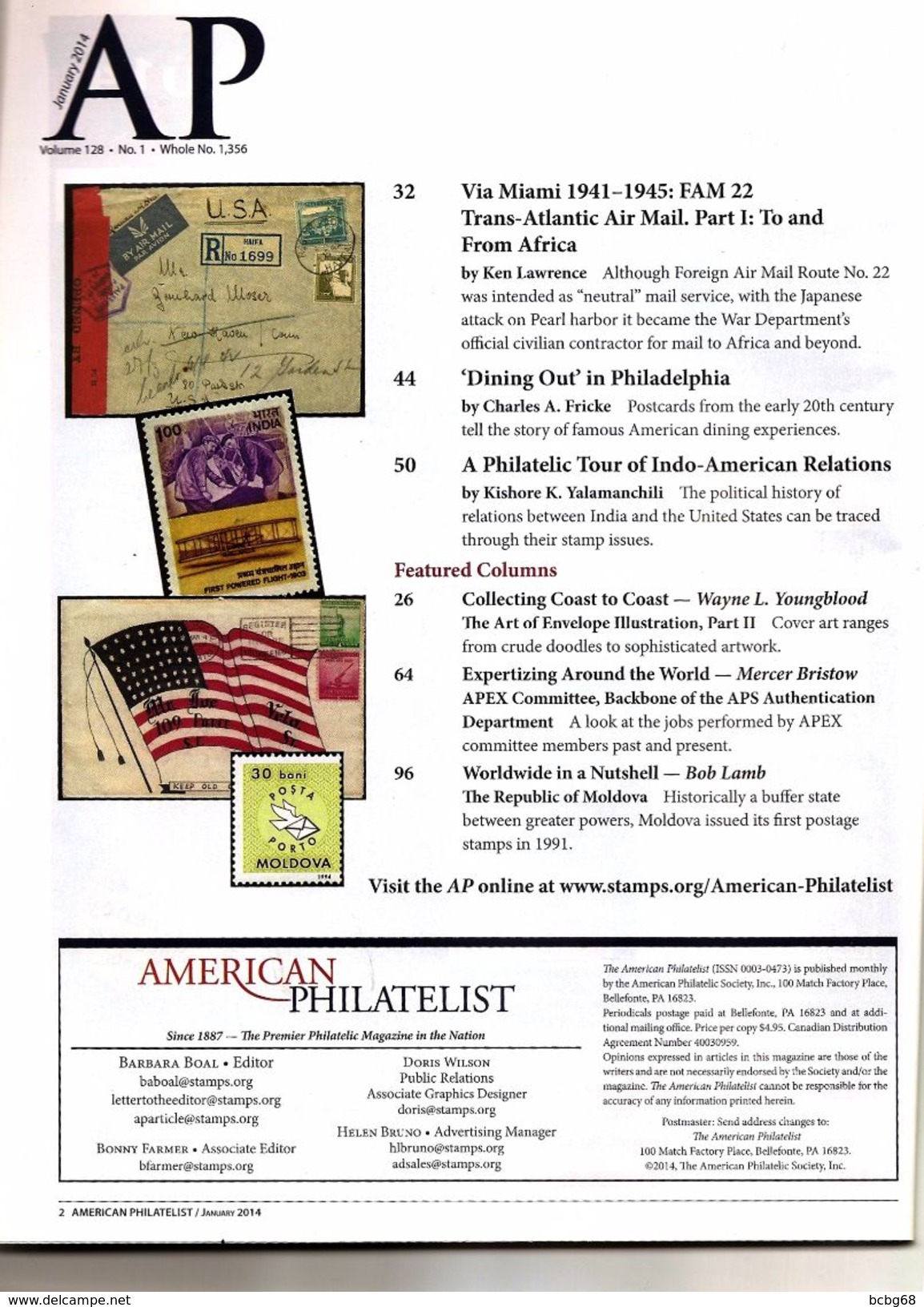 AMERICAN PHILATELIST Magazine Jan 2014 FAM 22 TransAtlantic Air Mail, India-USA Relations - English (from 1941)