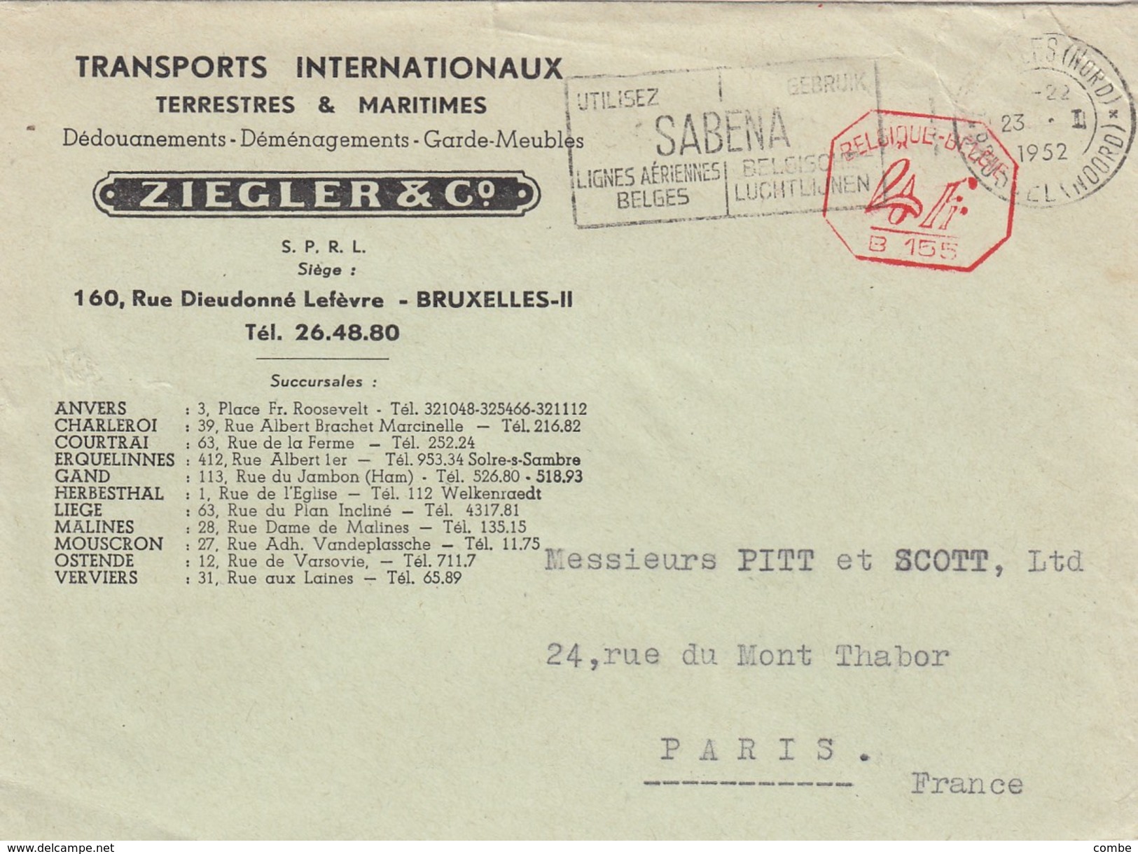 COVER. BELGIQUE. 23 1 1952. TRANSPORTS INTERNATIONAUX ZIEGLER & C° BRUXELLES. EMA 4F - ...-1959