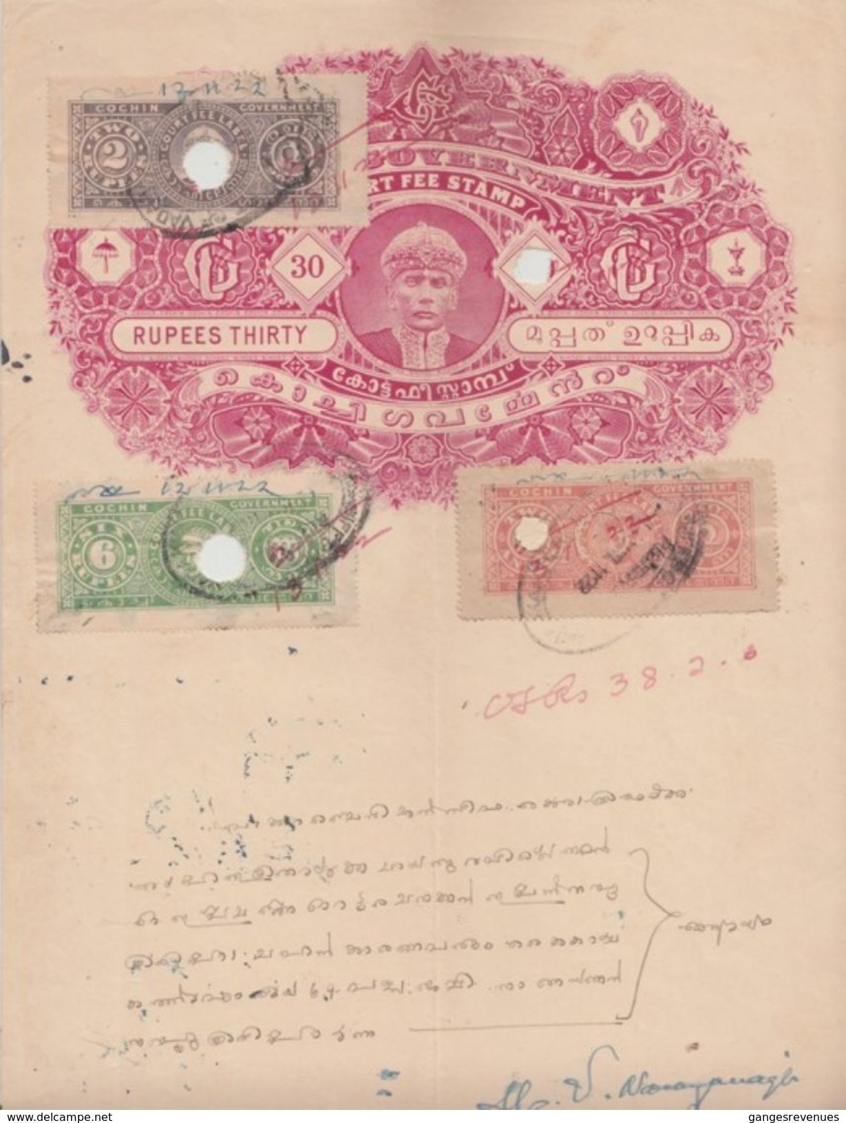 COCHIN State 2A CF T 25 -2R T 22- 6 Rs CF T 24 CF  On 30 Rs Stamp Paper Type 32  # 96823  Inde Indien India Fiscaux - Cochin