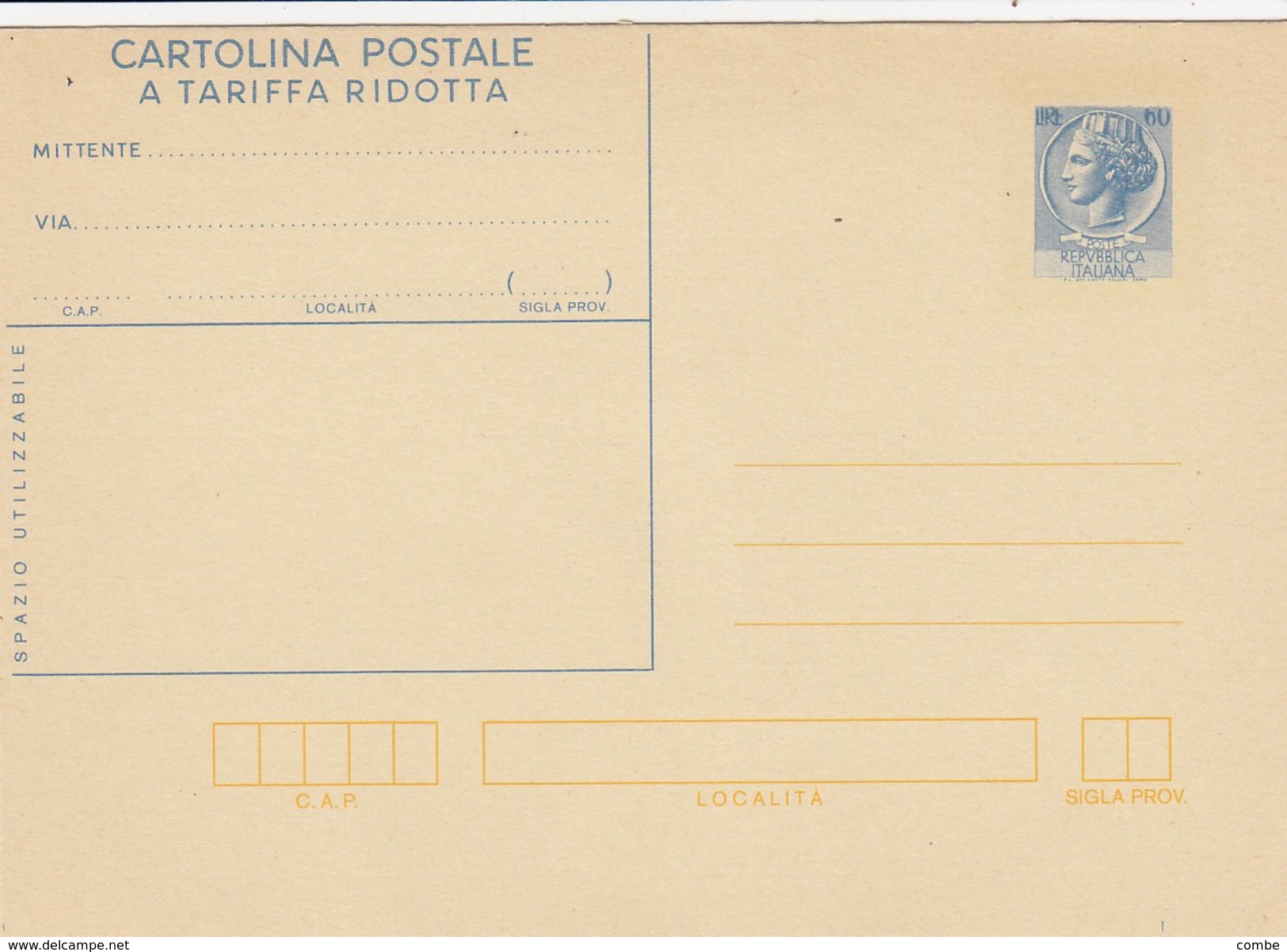 ENTIER ITALIE NEUF. CARTOLINA POSTALE A TARIFFA RIDOTTA.  60 LIRE - Non Classificati