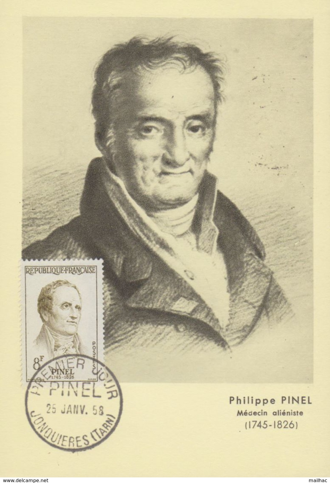 Carte Postale - FDC - 1958 - Philippe PINEL - Médecin Aliéniste - JONQUIERES TARN - Carte Maximum - 1950-1959