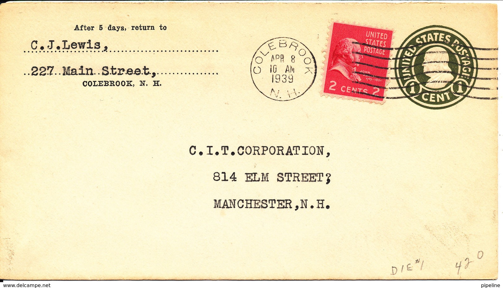 USA Uprated Postal Stationery Cover Colebrook 8-4-1939 - 1921-40