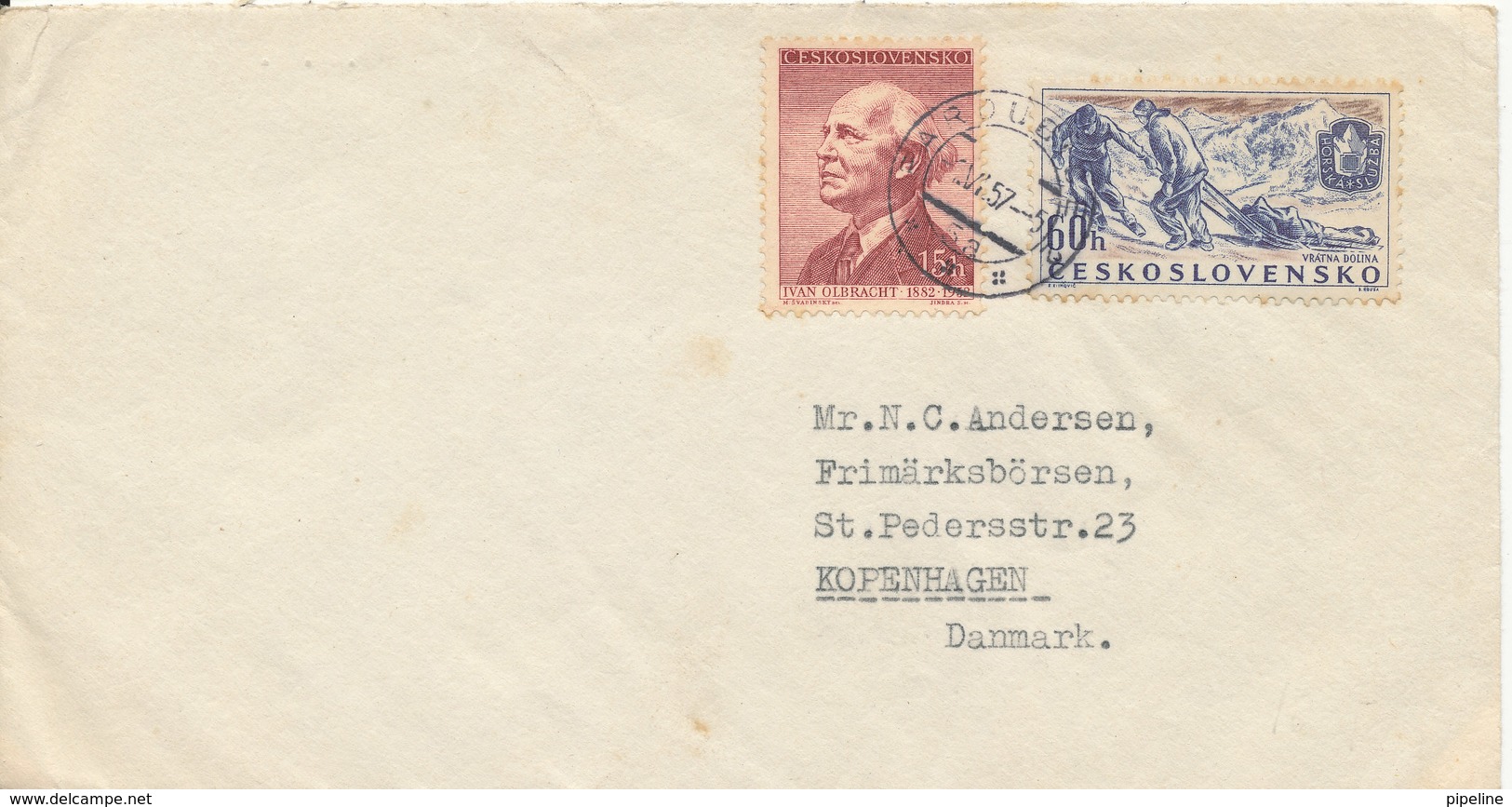 Czechoslovakia Cover Sent To Denmark 1-6-1957 Good Stamped - Covers & Documents