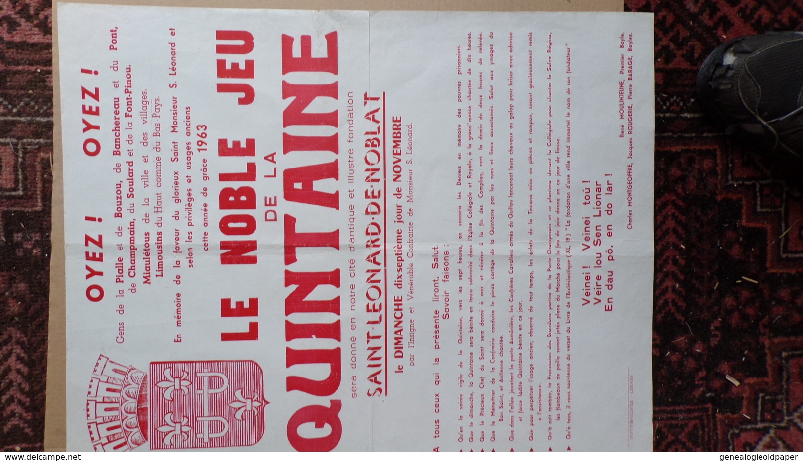 87 -ST SAINT LEONARD NOBLAT-AFFICHE LE NOBLE JEU QUINTAINE 1963-RENE MOULINJEUNE-CHARLES MONTGEOFFRE-JACQUES ROUGERIE - Plakate