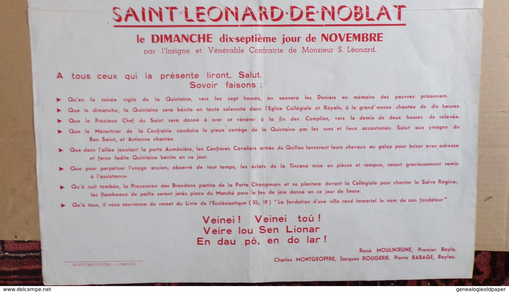 87 -ST SAINT LEONARD NOBLAT-AFFICHE LE NOBLE JEU QUINTAINE 1963-RENE MOULINJEUNE-CHARLES MONTGEOFFRE-JACQUES ROUGERIE - Posters
