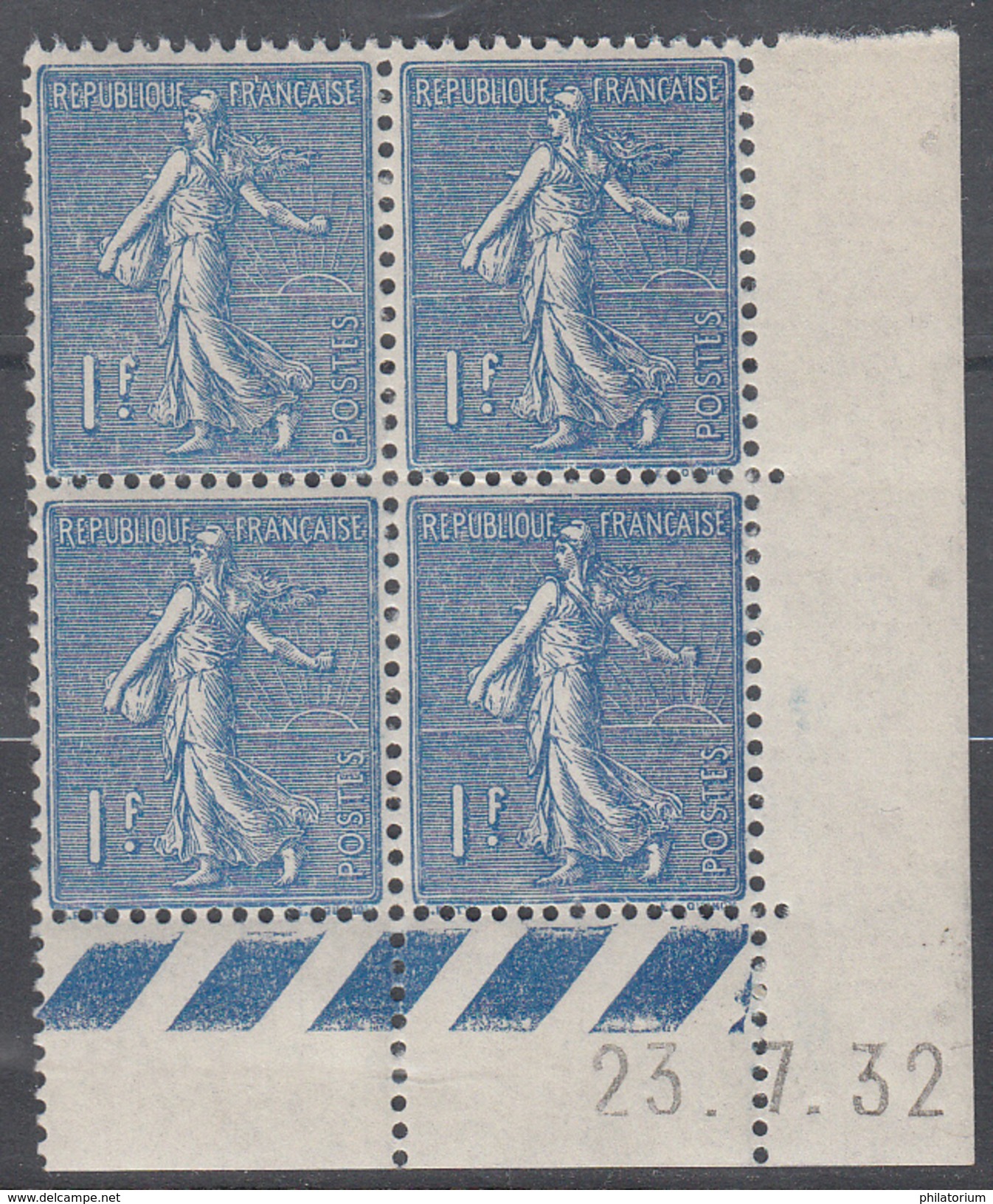 FRANCE  Coin Daté **  Type Semeuse Lignée 1f  Bleu  Yvert 205  23.7.32  Neuf Sans Charnière - 1930-1939