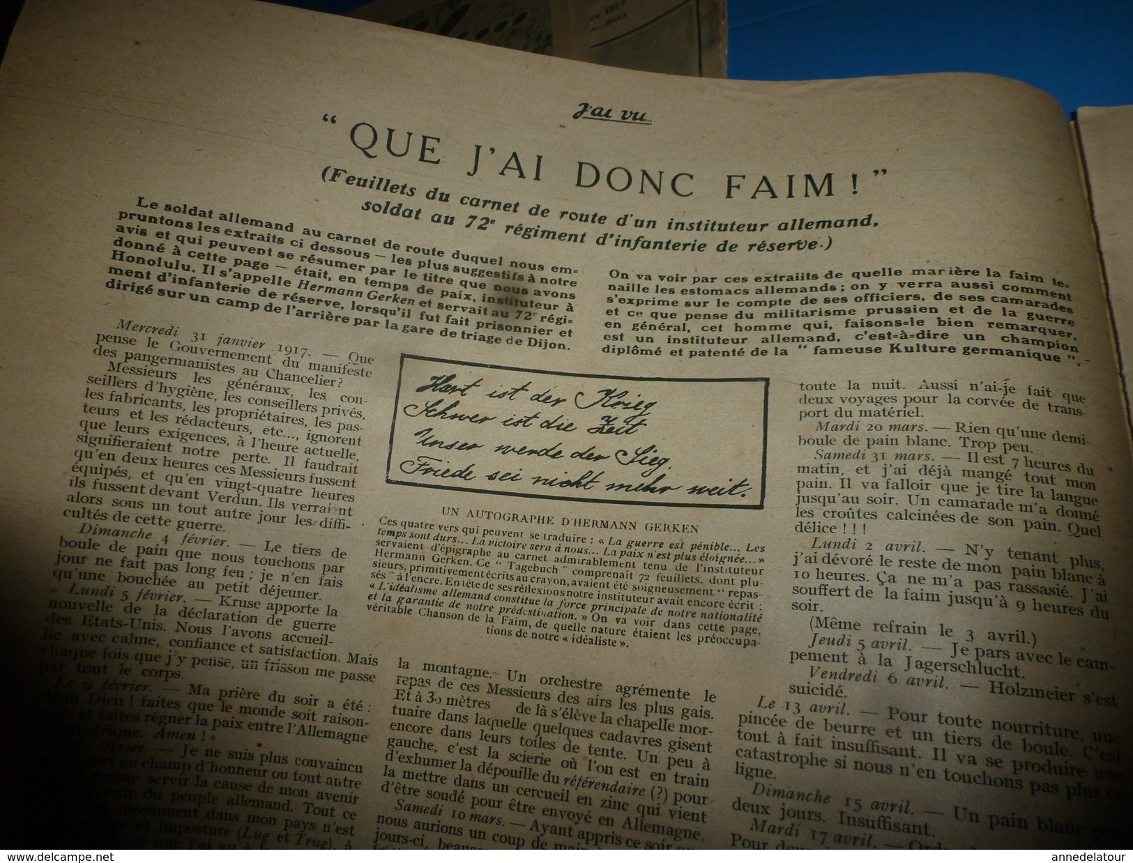 1917 J'AI VU:Dannemarie;QUE J'AI DONC FAIM (Carnet De Route De L'instituteur All.Hermann Gerken);Zouaves-Langemarck;etc - Französisch