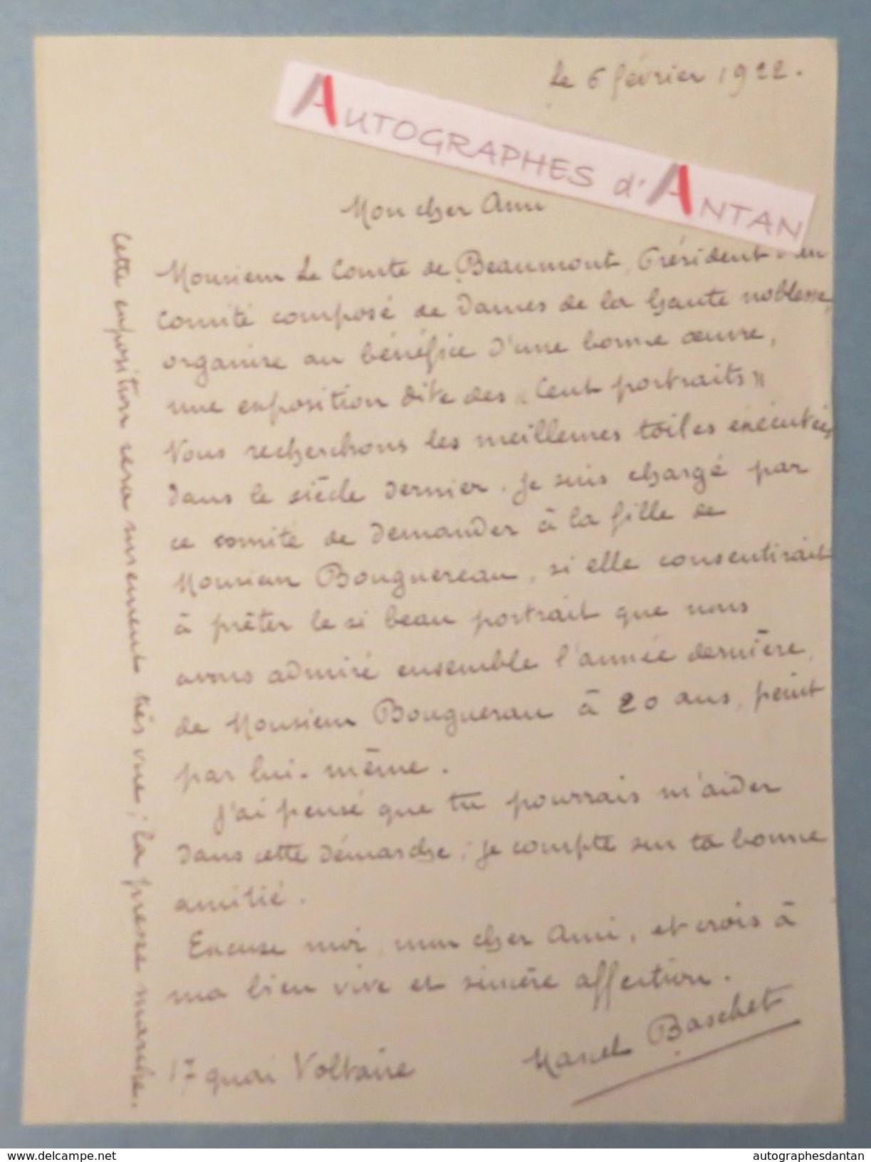 L.A.S 1922 Marcel BASCHET Peintre Illustrateur Comte De Beaumont Exposition 100 Portraits Bouguereau Lettre Autographe - Autres & Non Classés