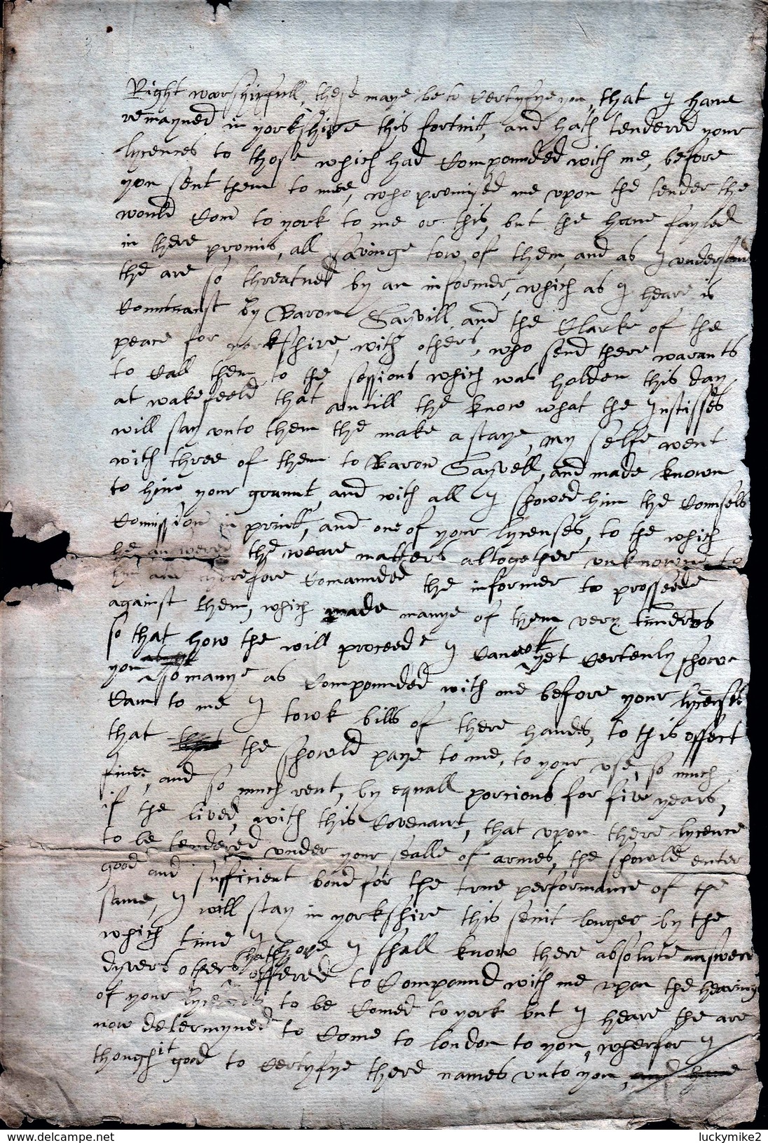 1602 Letter "To The Right Worshipful Sir Edward Crobye, Knight, This Be Delivered" From "Francis Bayllye". Ref 0361 - Other & Unclassified