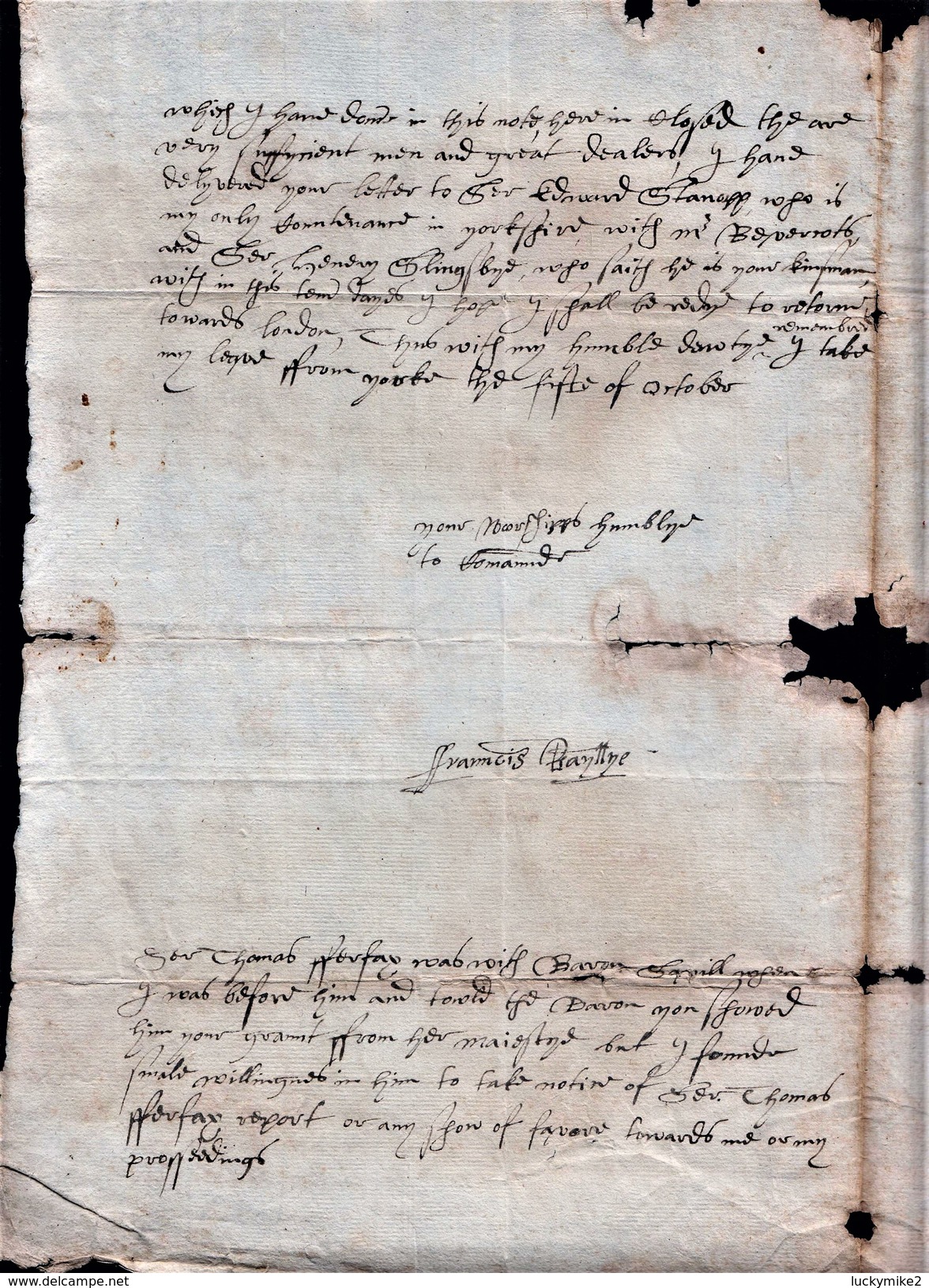 1602 Letter "To The Right Worshipful Sir Edward Crobye, Knight, This Be Delivered" From "Francis Bayllye". Ref 0361 - Other & Unclassified