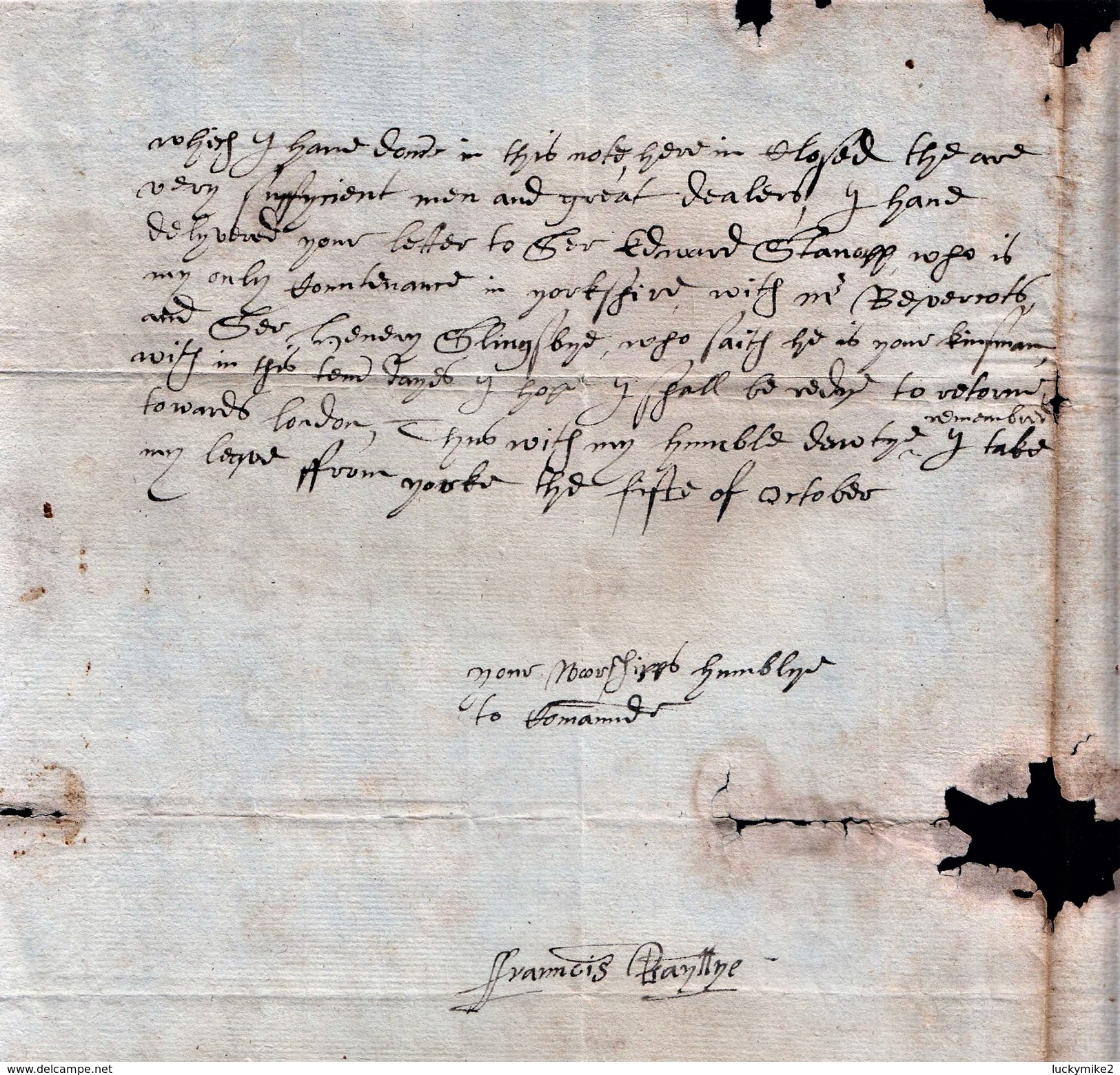 1602 Letter "To The Right Worshipful Sir Edward Crobye, Knight, This Be Delivered" From "Francis Bayllye". Ref 0361 - Other & Unclassified