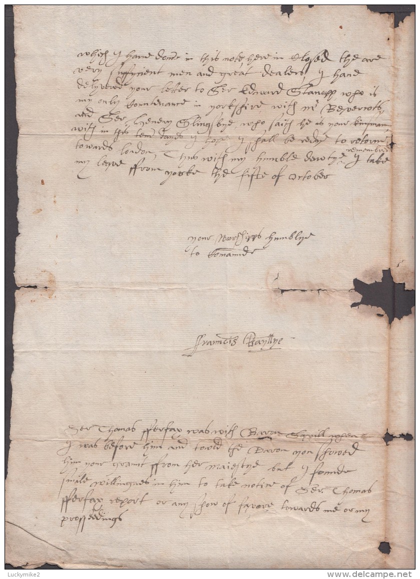 1602 letter "To the right worshipful Sir Edward Crobye, knight, this be delivered" from "Francis Bayllye". ref 0361