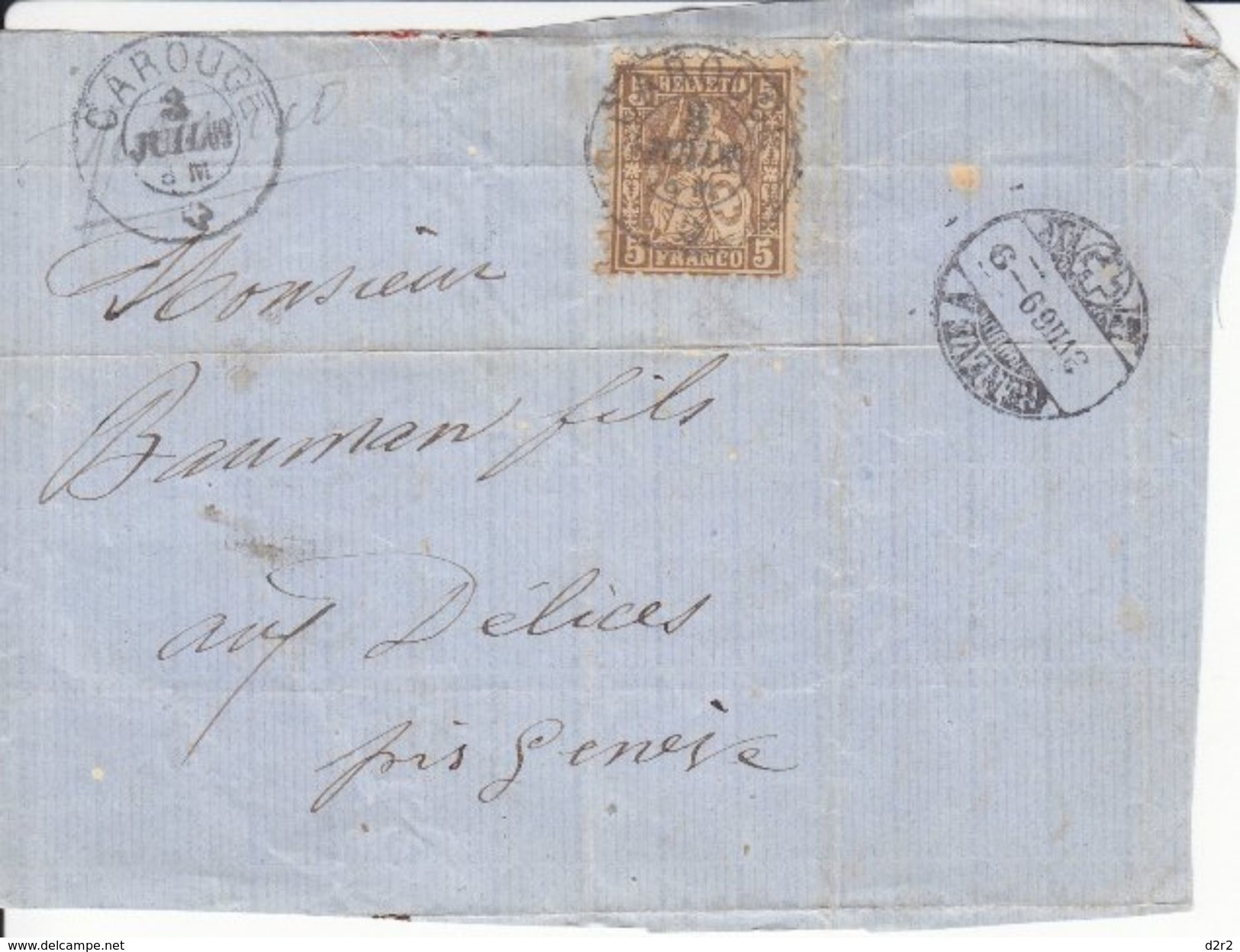 30B ( JAUNE-BRUN) SUR DEVANT DE  LETTRE DE 1867 - CACHET DE CAROUGE / GE - Storia Postale