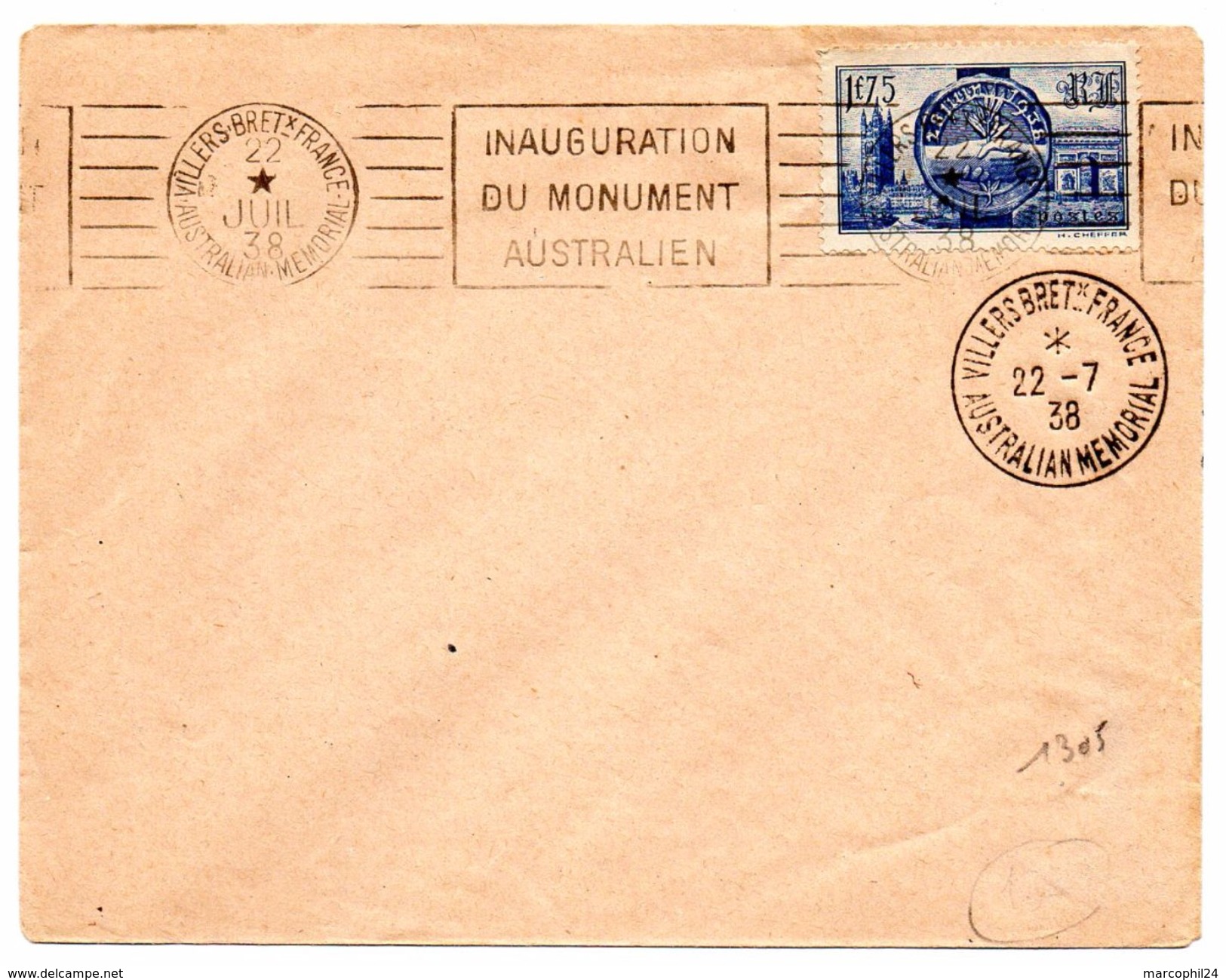 SOMME - Dépt N° 80 = VILLERS BRETONNEUX 1938 =  FLAMME RBV ' INAUGURATION  MONUMENT AUSTRALIEN ' + AUSTRALIAN MEMORIAL - Mechanical Postmarks (Advertisement)