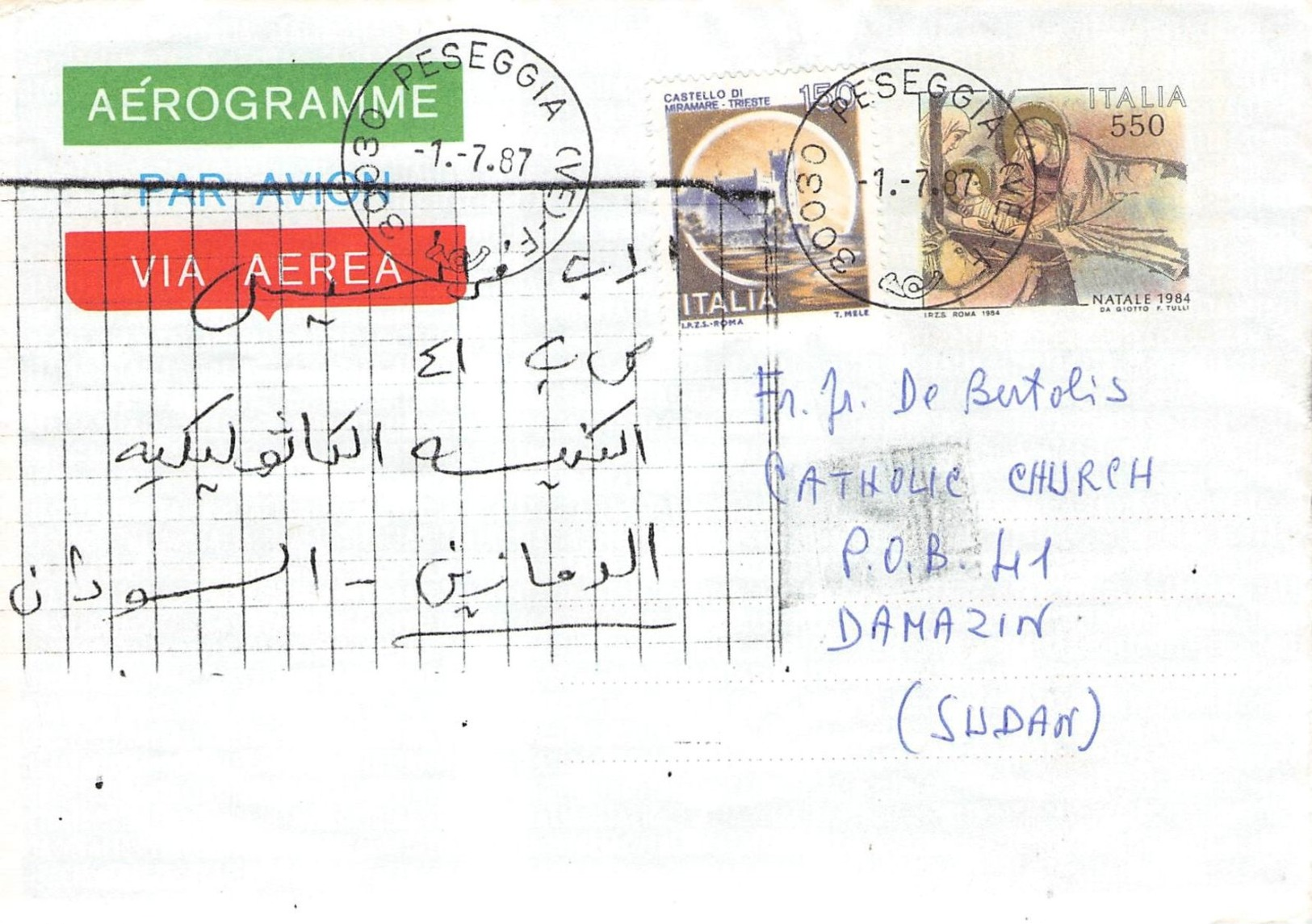 ITALY - AEROGRAMME 1987 PESEGGIA -> DAMASCUS/SYRIA Mi #LF 30 - Stamped Stationery