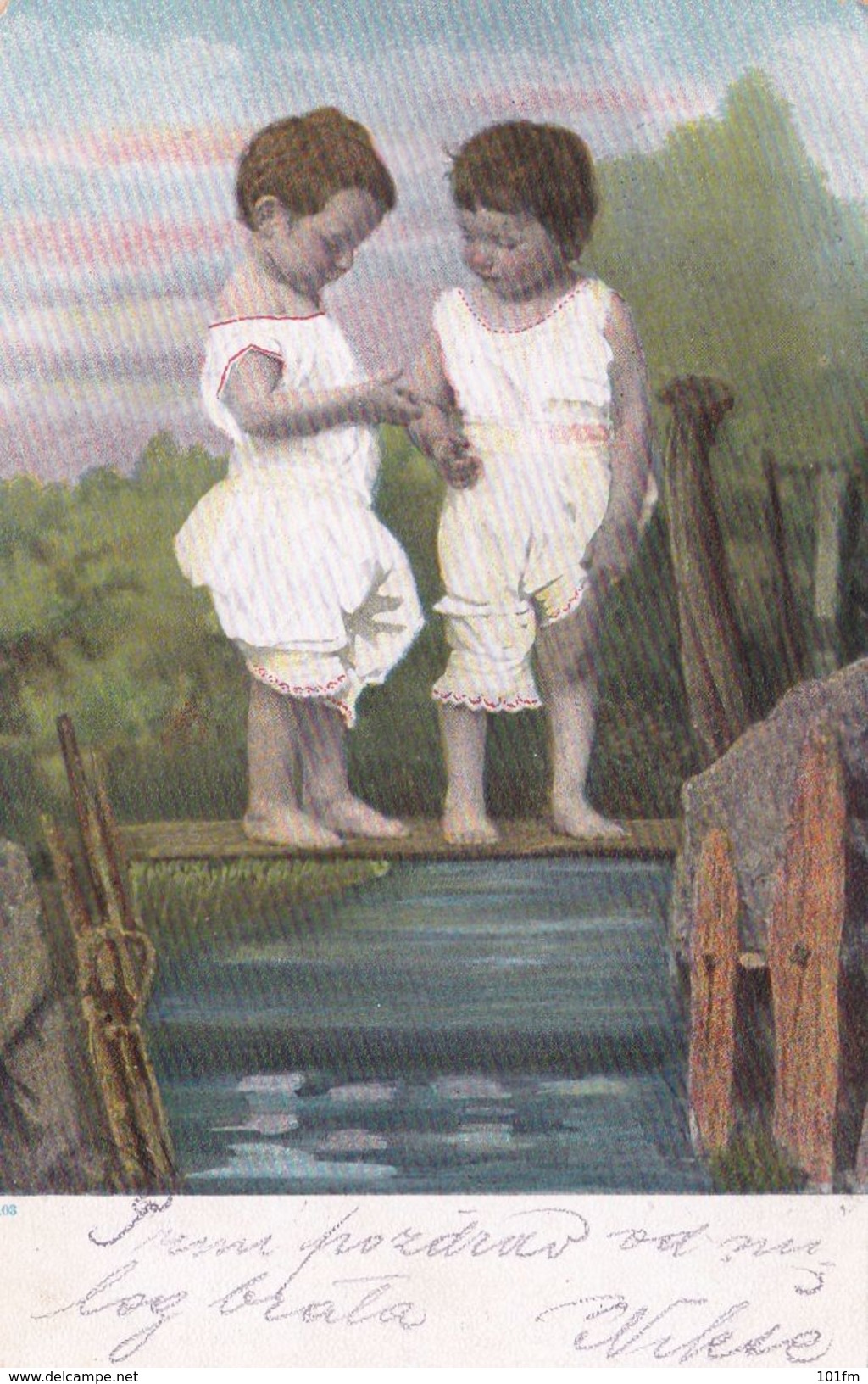 Two Childs On Wooden Bridge, Beautiful Scene, Zwei Kinder Auf Holzbrücke, Schöne Szene, Used 1904 - Scenes & Landscapes