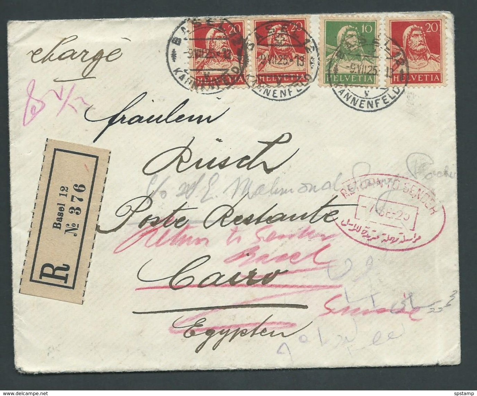 Egypt 1925 Registered Inward But Undelivered And Returned Cover From Basel Switzerland, Full Contents Within - Covers & Documents