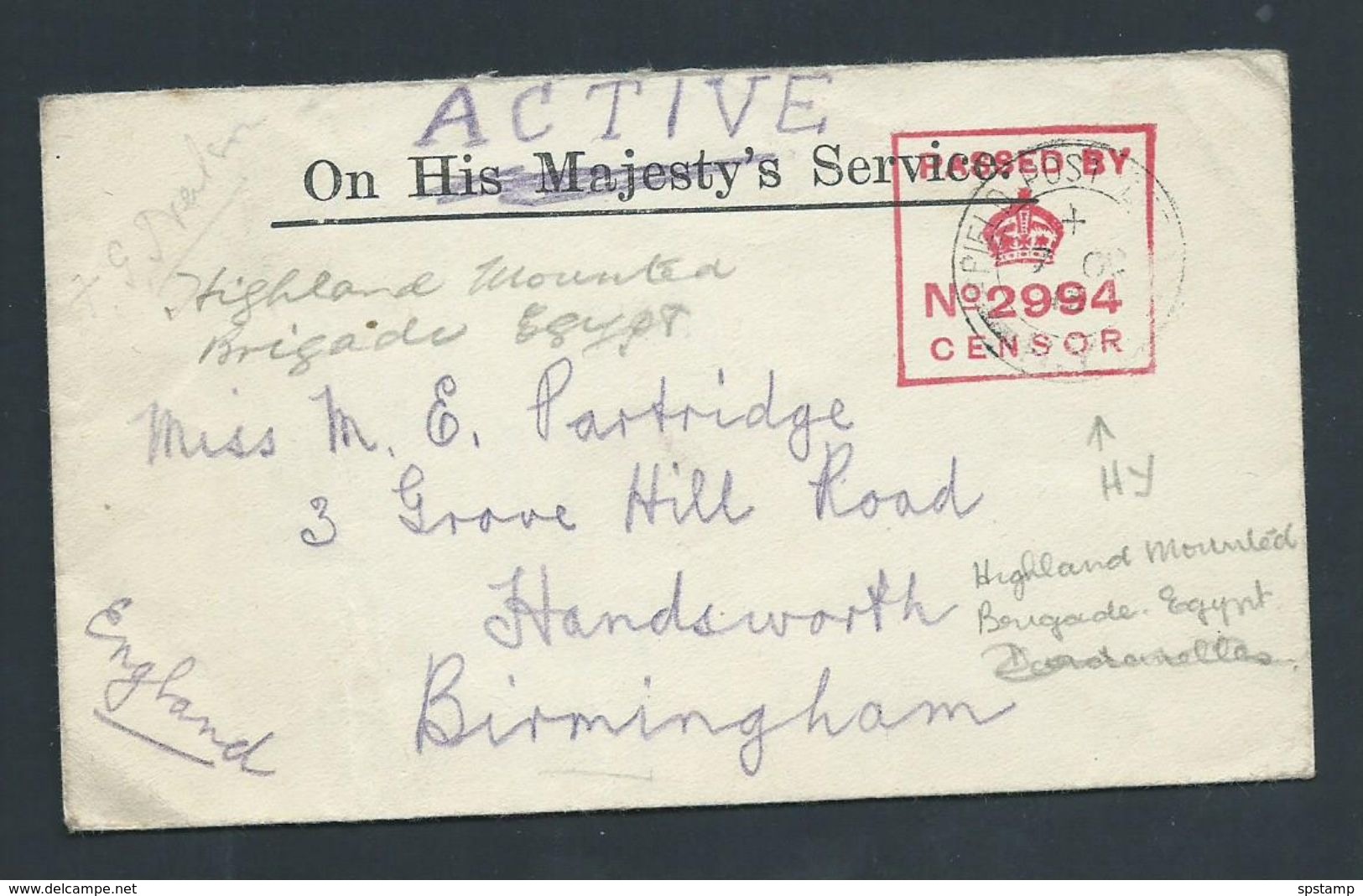 Egypt 1915 WWI Active Service Mail Highland Mounted Brigade To UK - 1915-1921 Protectorat Britannique