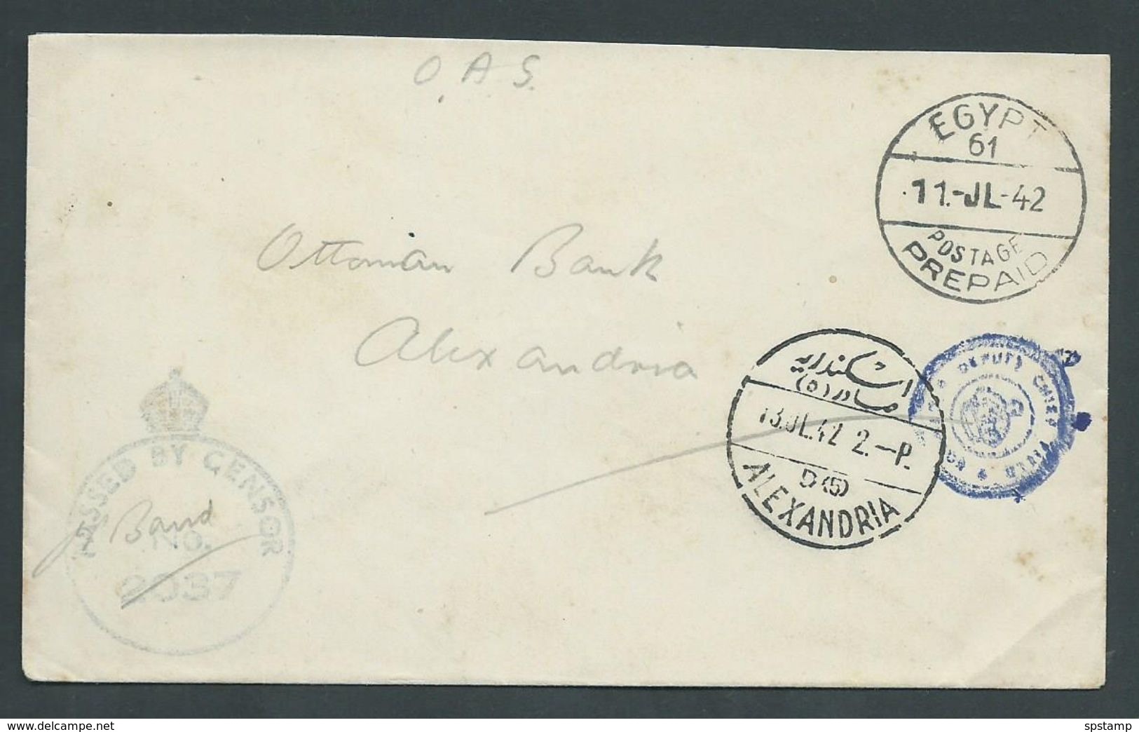 Egypt WWII 1942 Active Service Mail To Alexandria - Cartas & Documentos