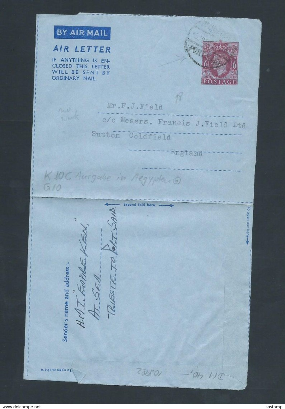 Egypt WWII 1939 (?) Air Letter To UK Paquebot Port Said Cds - Covers & Documents