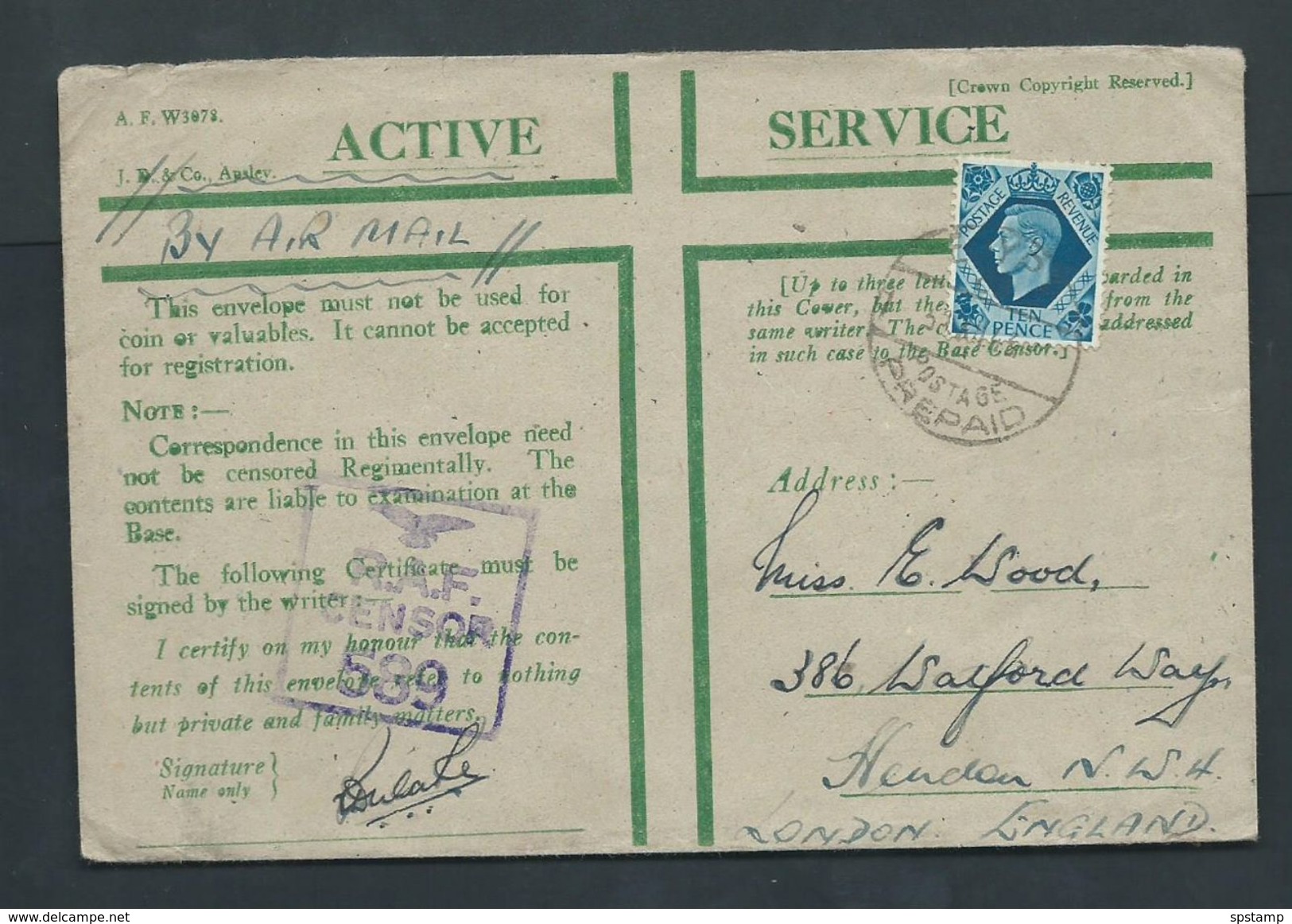 Egypt WWII 1944 Active Service Cover To London England , 10d GB Adhesive - Cartas & Documentos