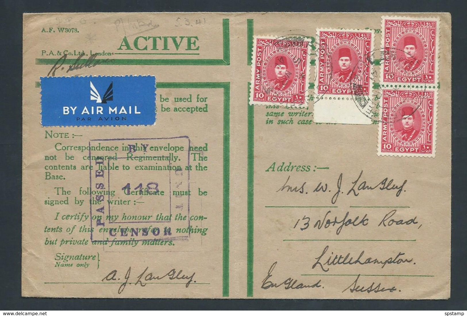 Egypt 1941 WWII Active Service Mail To Sussex England , 4 X 10 Mil Army Post Adhesives - Covers & Documents