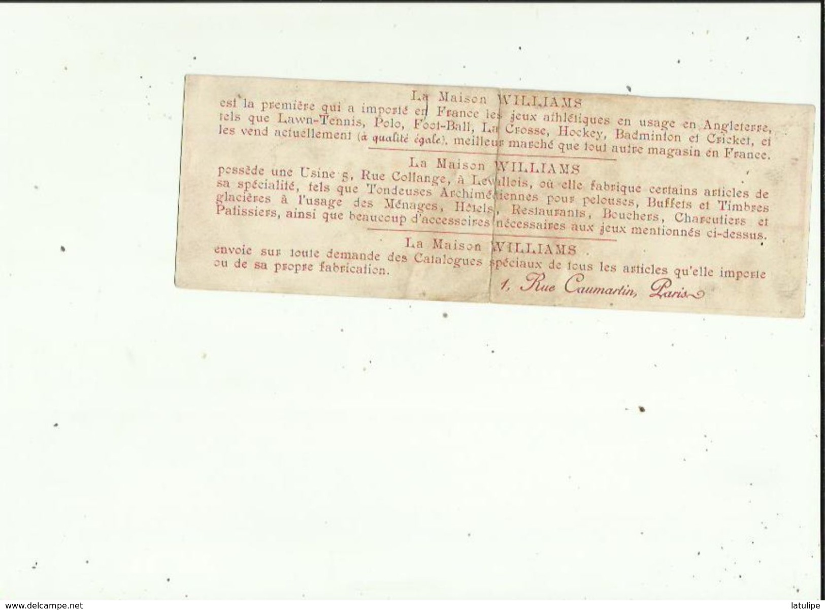 Maison  Williams-Usine A LEVALLOIS  Catalogue Speciaux Pour Articles Qu'elle Importe 1 Rue Caumartin PARIS 75 VOIR SCAN - Supplies And Equipment