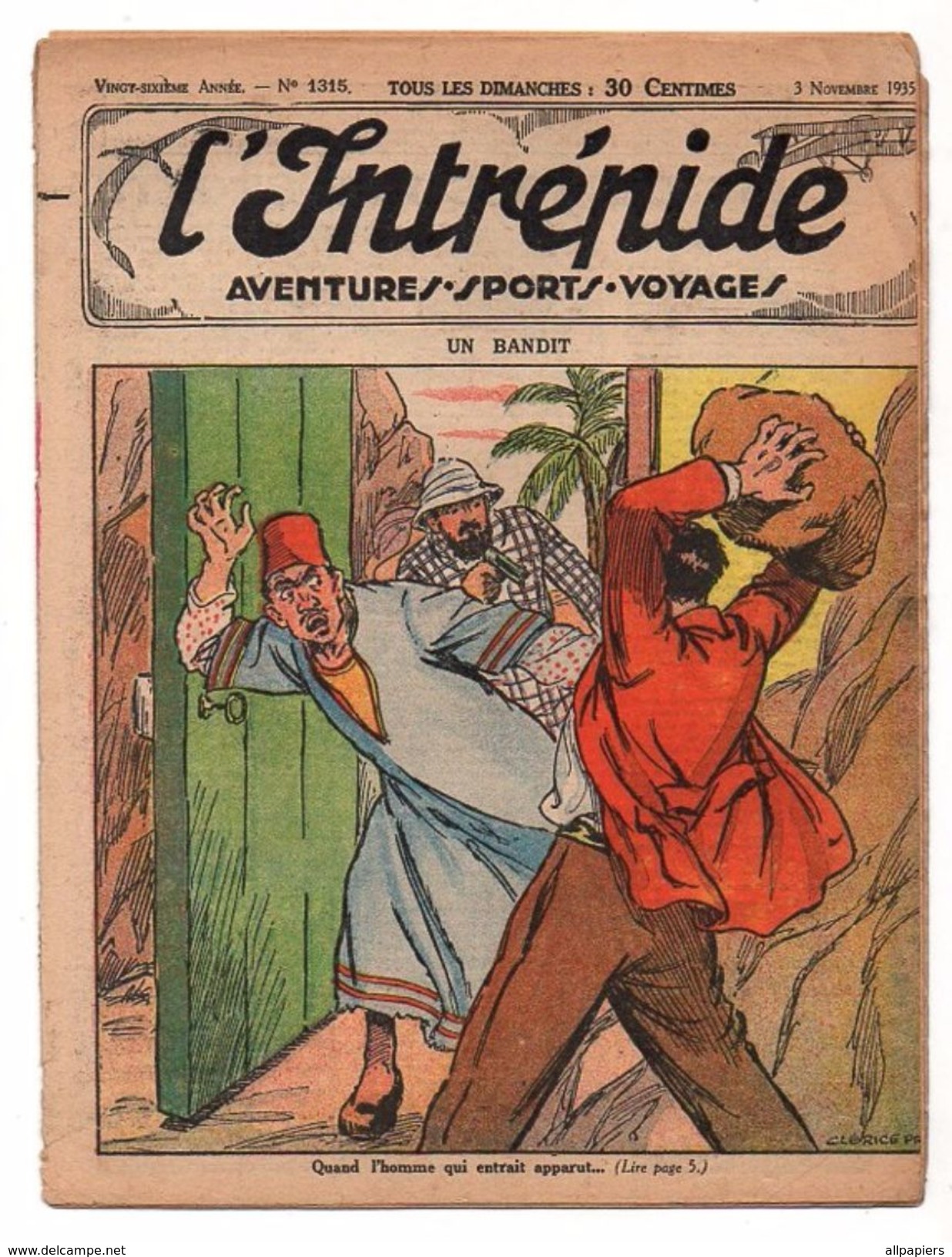 L'intrépide N°1315 Un Bandit - L'ours Du Rocky - Le Cinéma Chez Les Cannibales - Le Petit Groom De 1935 - L'Intrépide